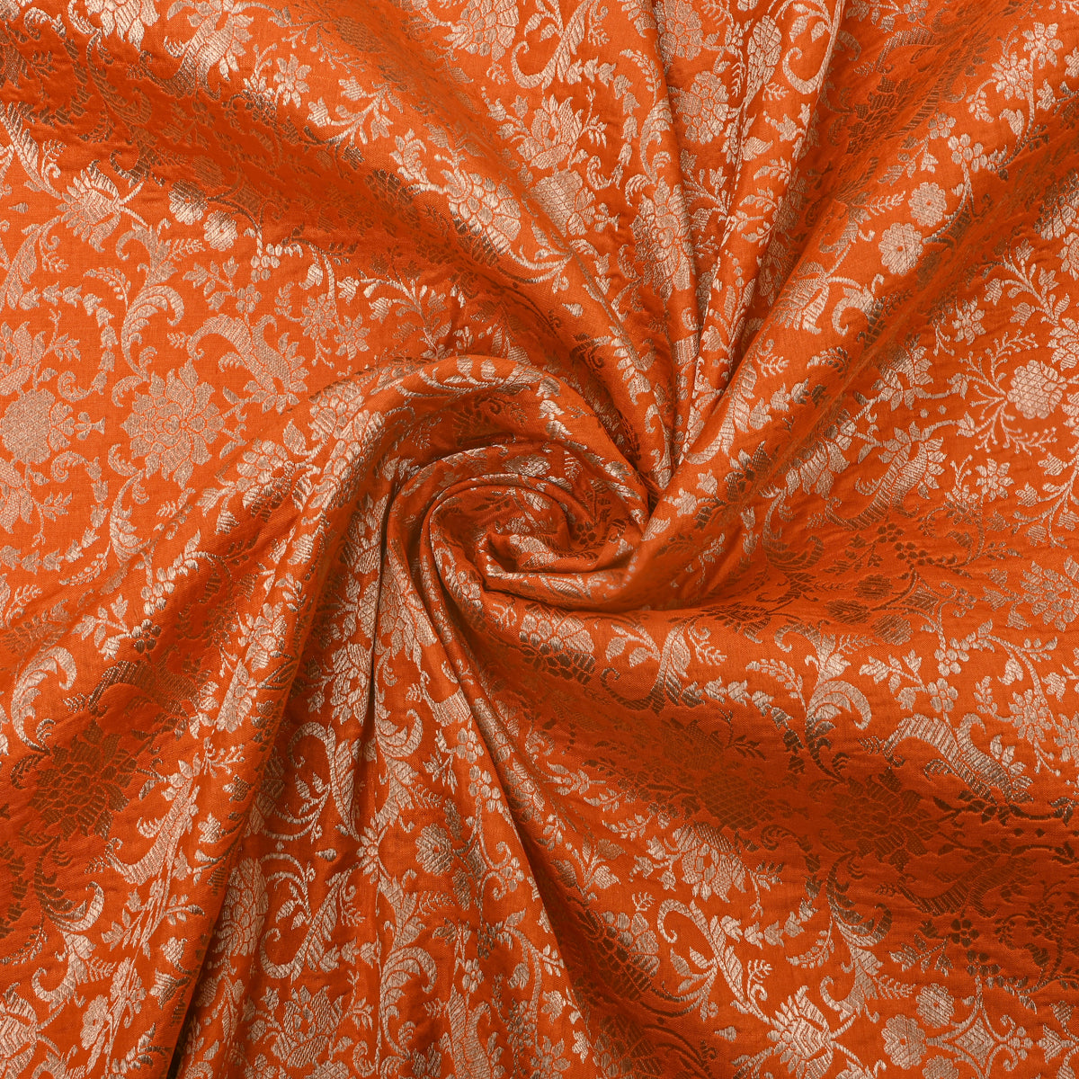Orange Self Gold Floral Jaal Jamawar Silk Fabric