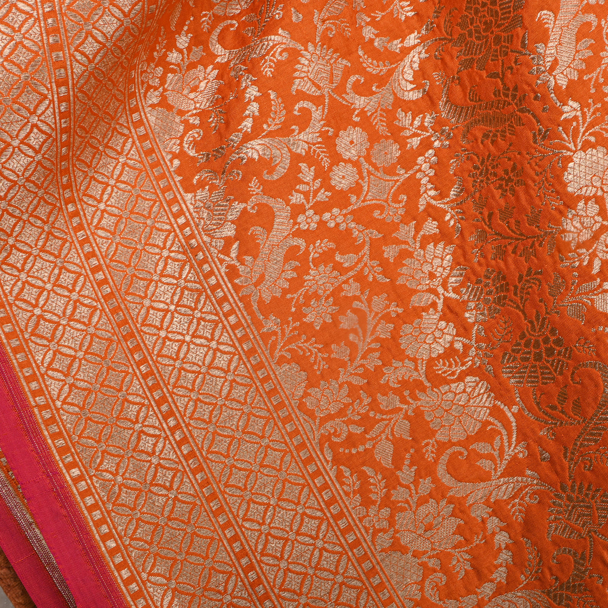 Orange Self Gold Floral Jaal Jamawar Silk Fabric