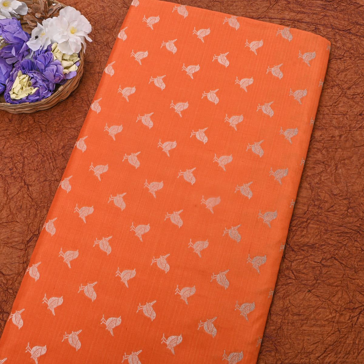 Tangerine Gold Zari Bird Motif Banarasi Silk Fabric