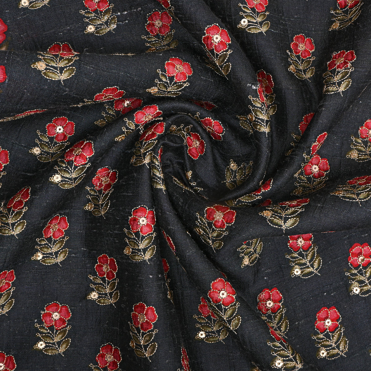 Black Gold Floral Butti Zari Embroidered Silk Fabric