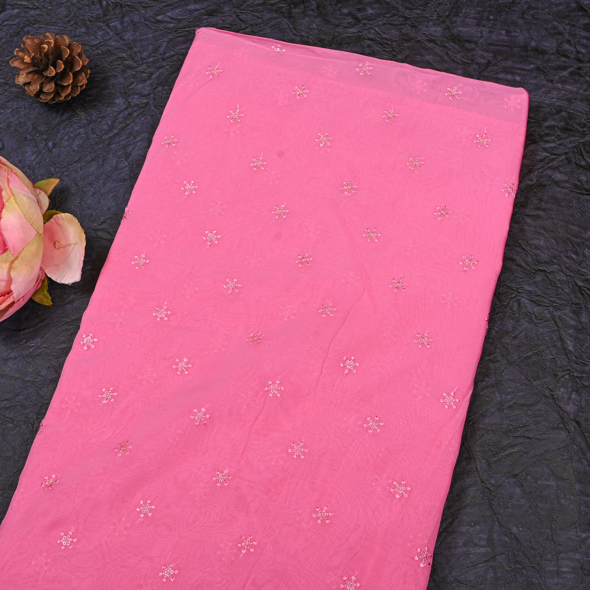 Peony Pink Snowflake Butti Thread Work Organza Fabric