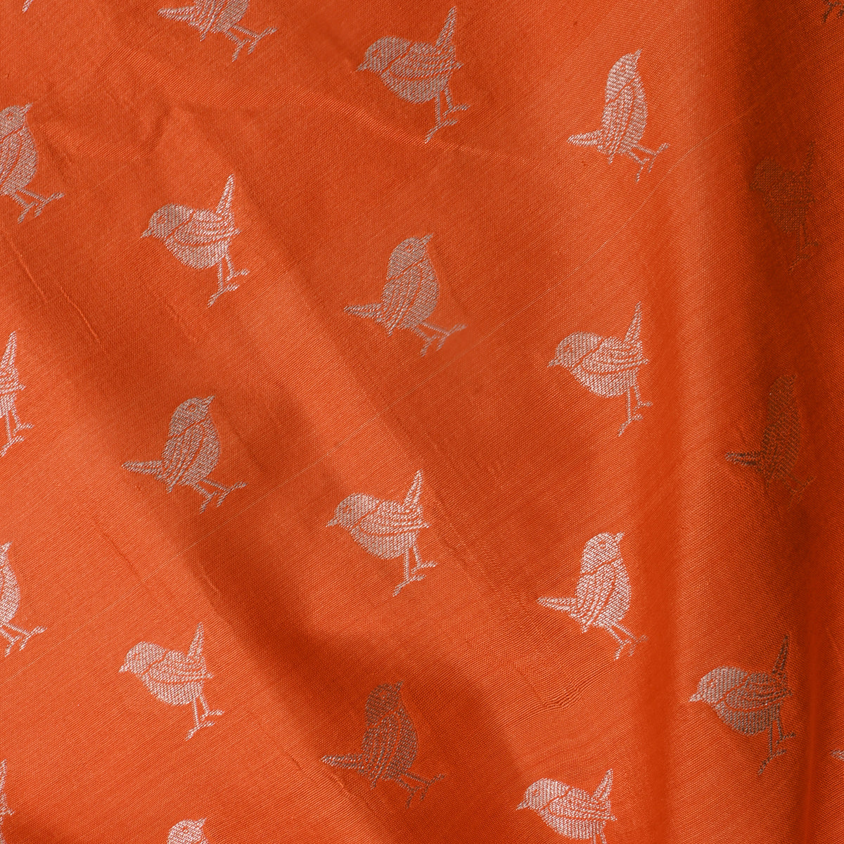Tangerine Gold Zari Bird Motif Banarasi Silk Fabric