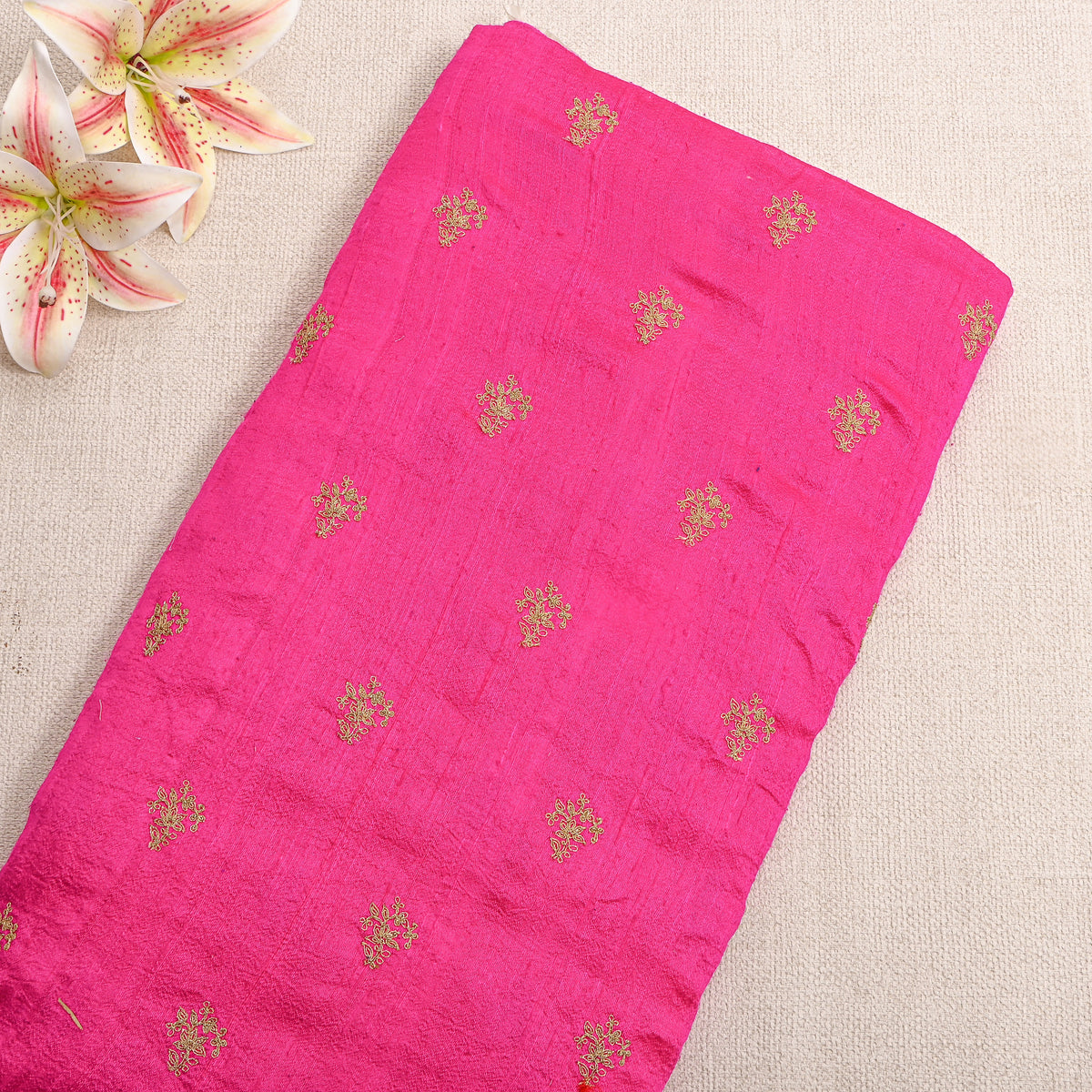 Bright Pink Raw Silk With Gold Butti