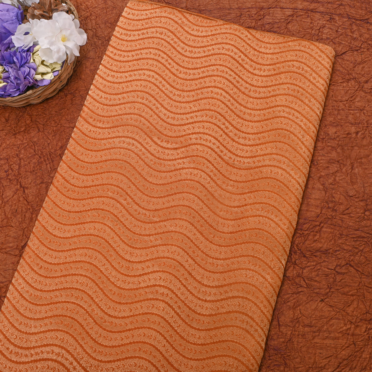 Burnt Orange Gold Zari Butti Weave Jamawar Silk Fabric