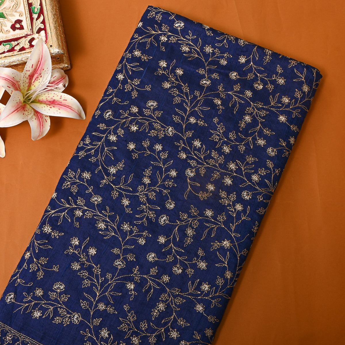 Navy Blue With Dual Zari Floral Jaal Embroidery Raw Silk Fabric