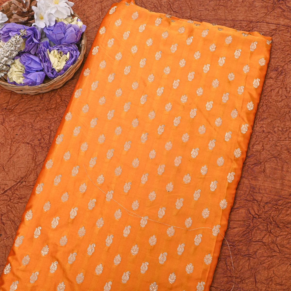 Marigold Orange Gold Zari Butti Jamawar Silk Fabric