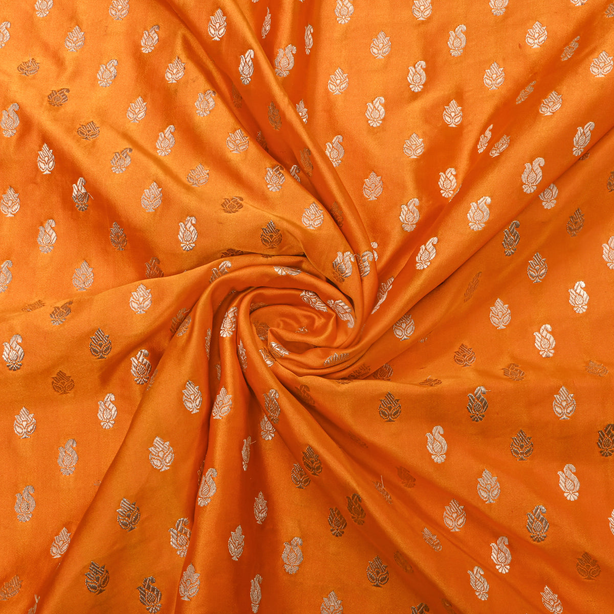 Marigold Orange Gold Zari Butti Jamawar Silk Fabric