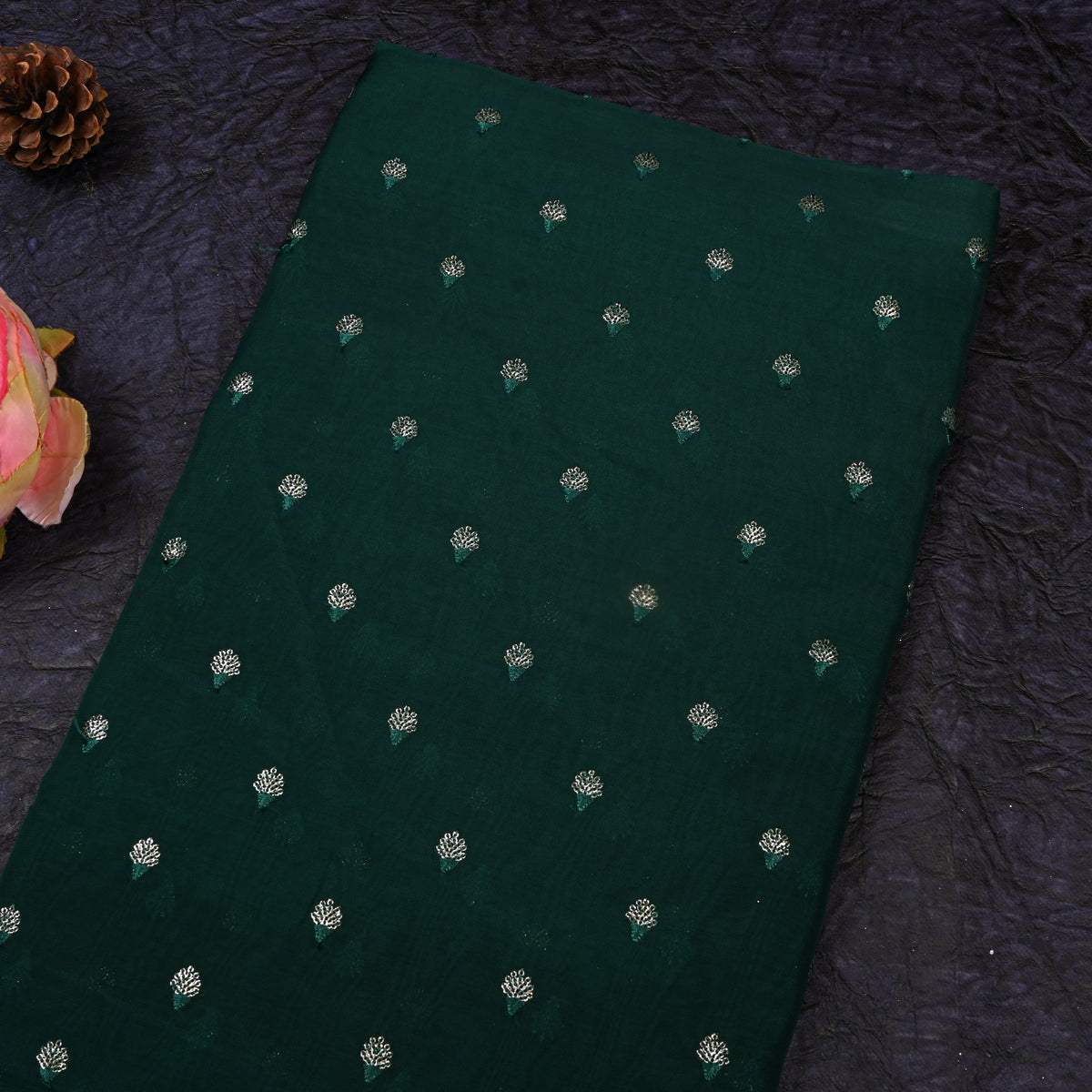 Forest Green Zari Sequin Bud Butti Organza Fabric