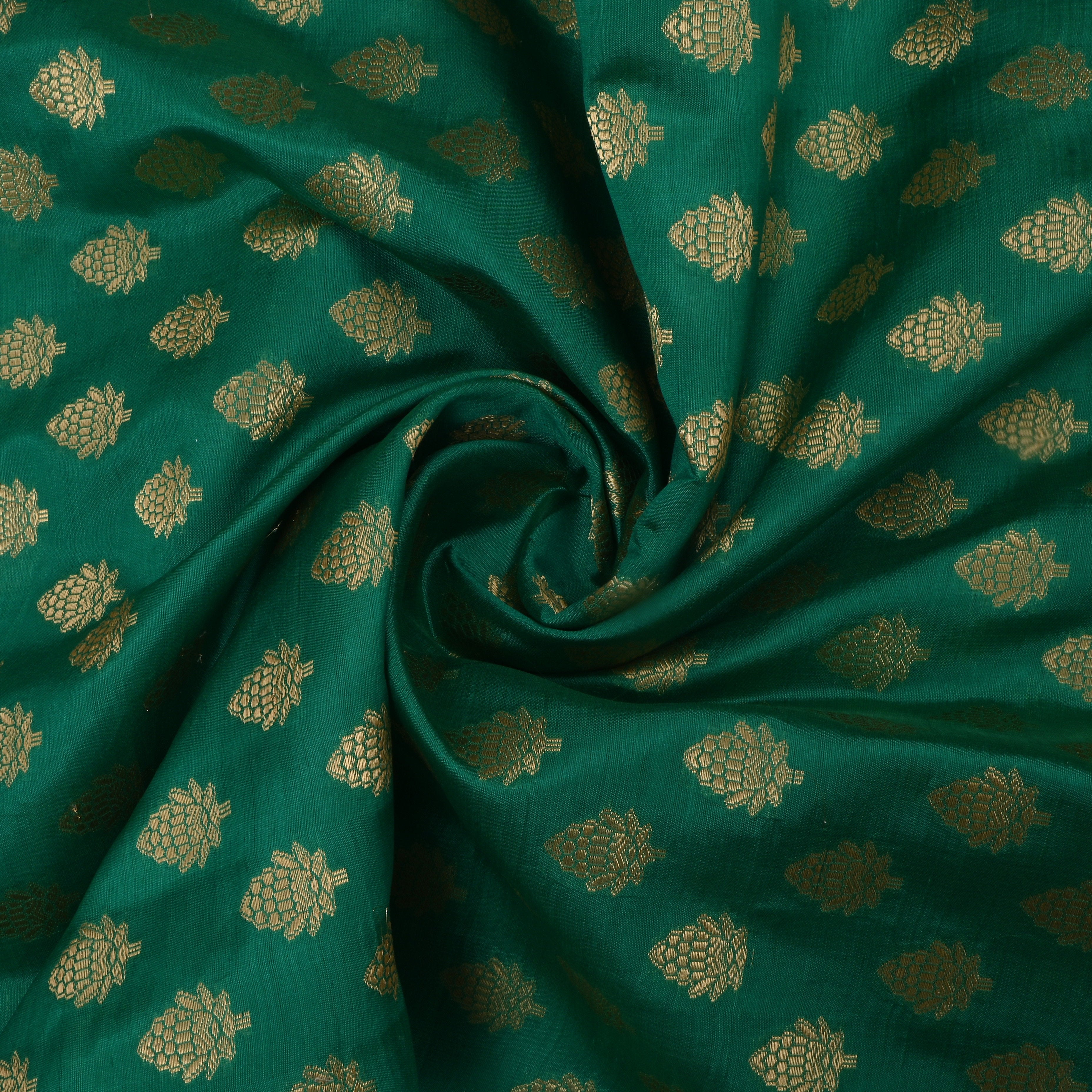 Emerald Green Jamawar Silk Fabric With Buttis