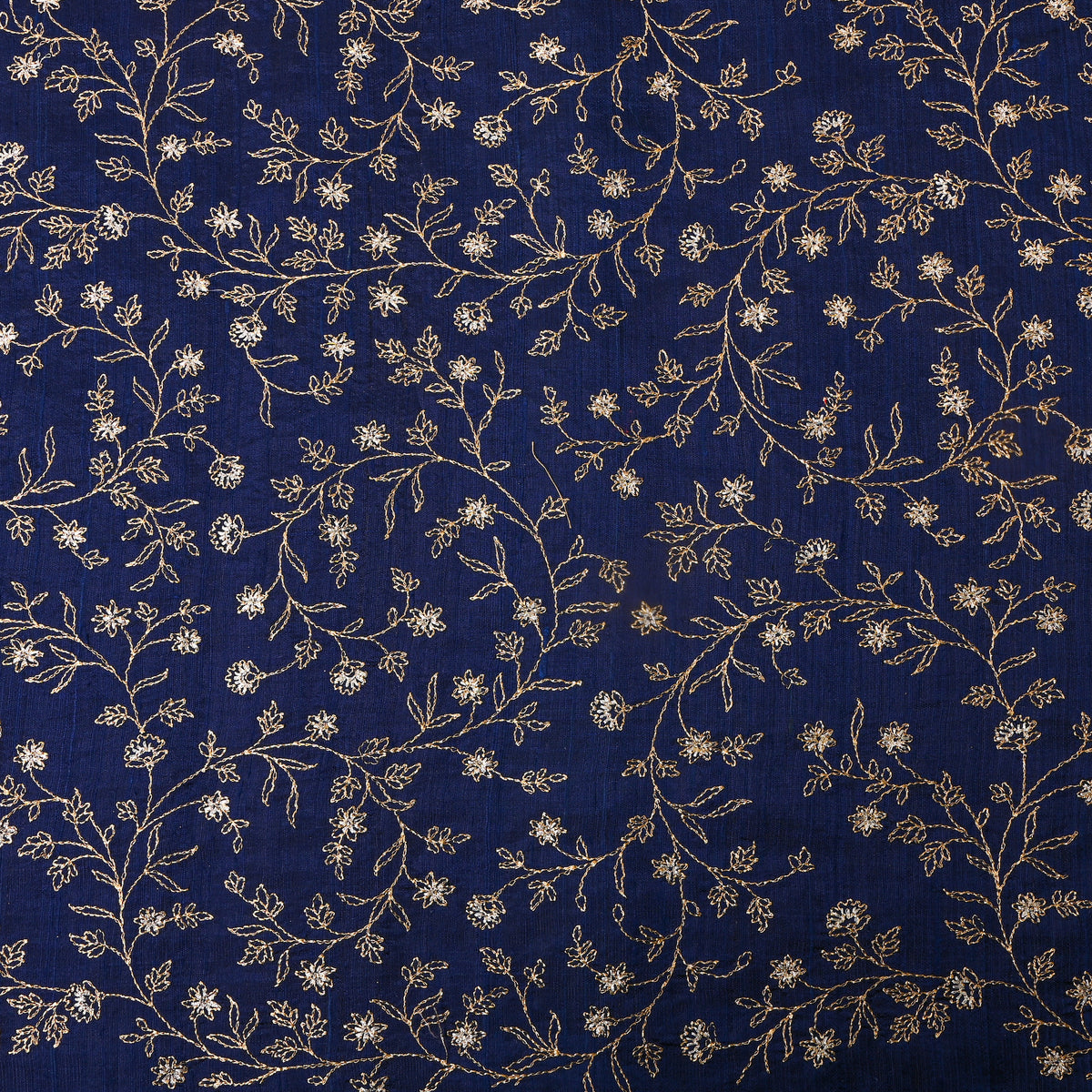 Navy Blue With Dual Zari Floral Jaal Embroidery Raw Silk Fabric