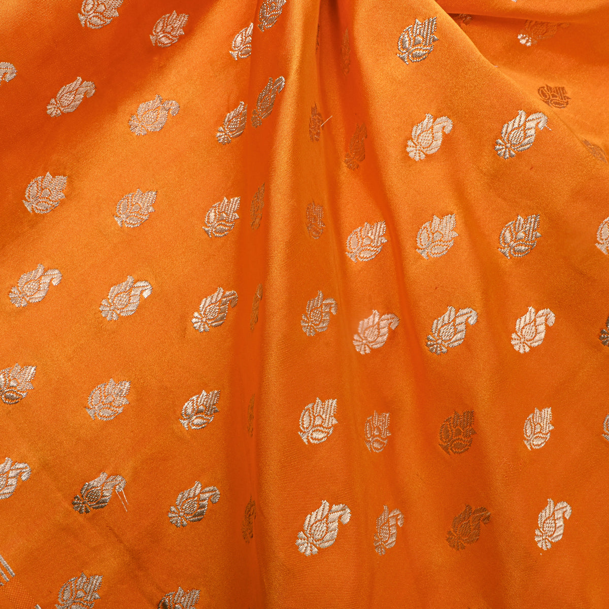 Marigold Orange Gold Zari Butti Jamawar Silk Fabric