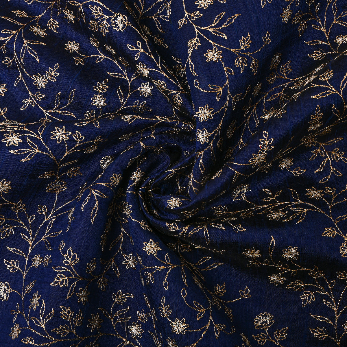 Navy Blue With Dual Zari Floral Jaal Embroidery Raw Silk Fabric