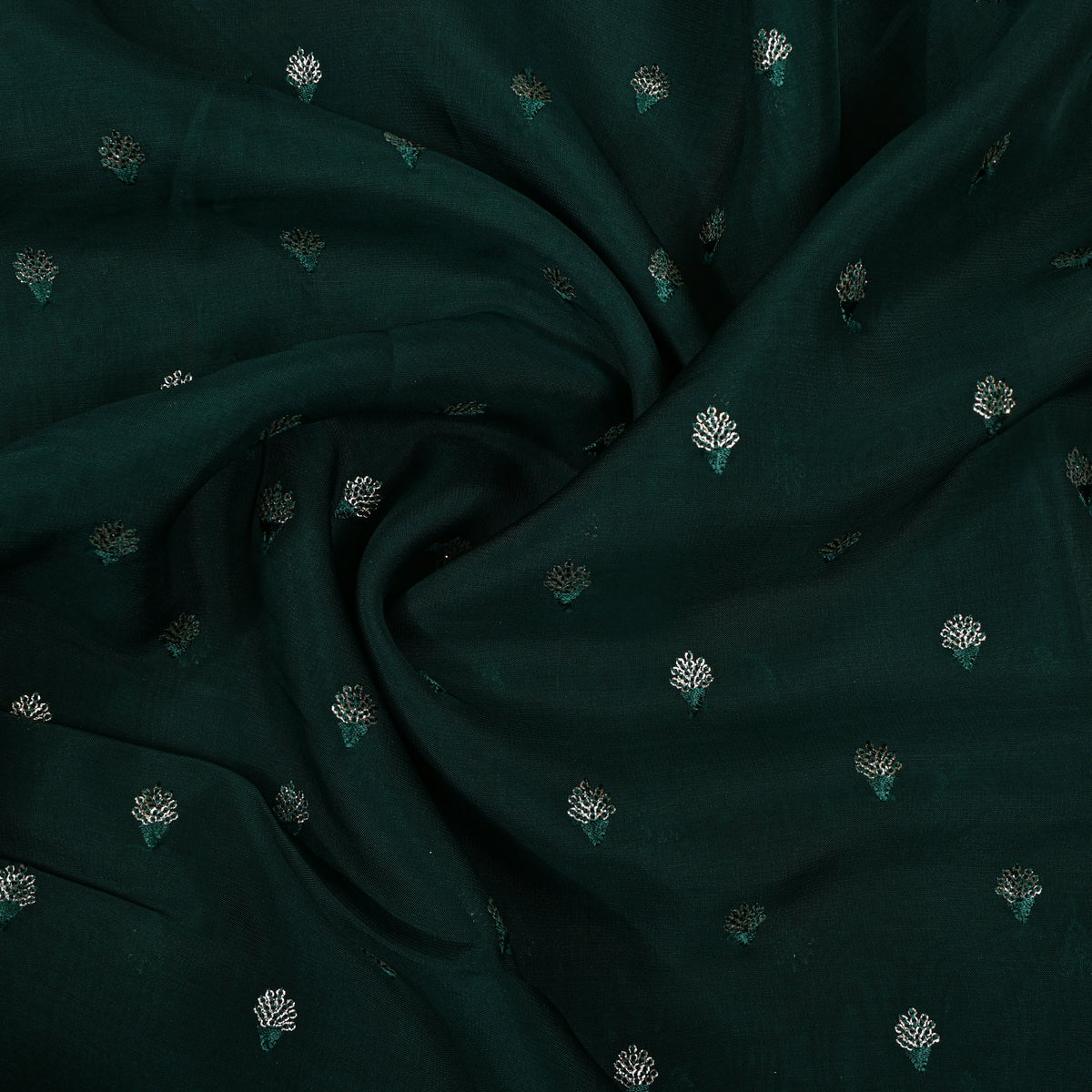 Forest Green Zari Sequin Bud Butti Organza Fabric