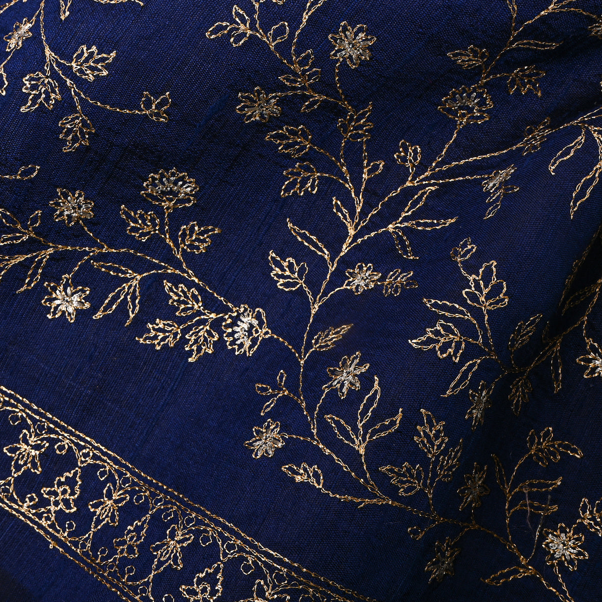 Navy Blue With Dual Zari Floral Jaal Embroidery Raw Silk Fabric
