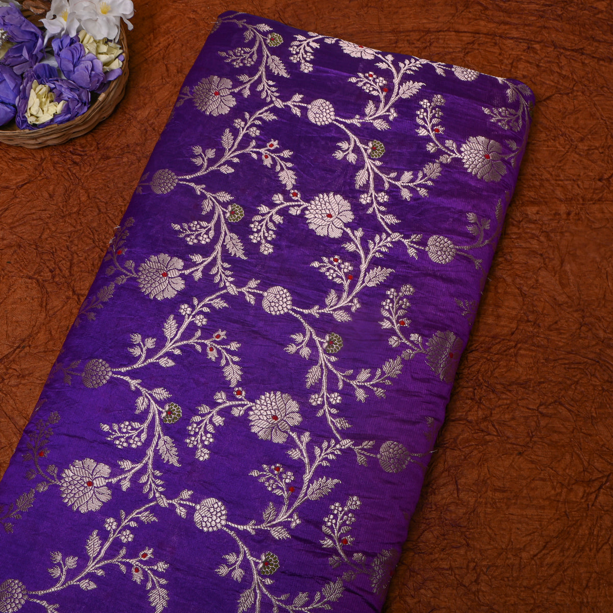 Violet Self Weave Floral Jall Banarasi Silk Fabric