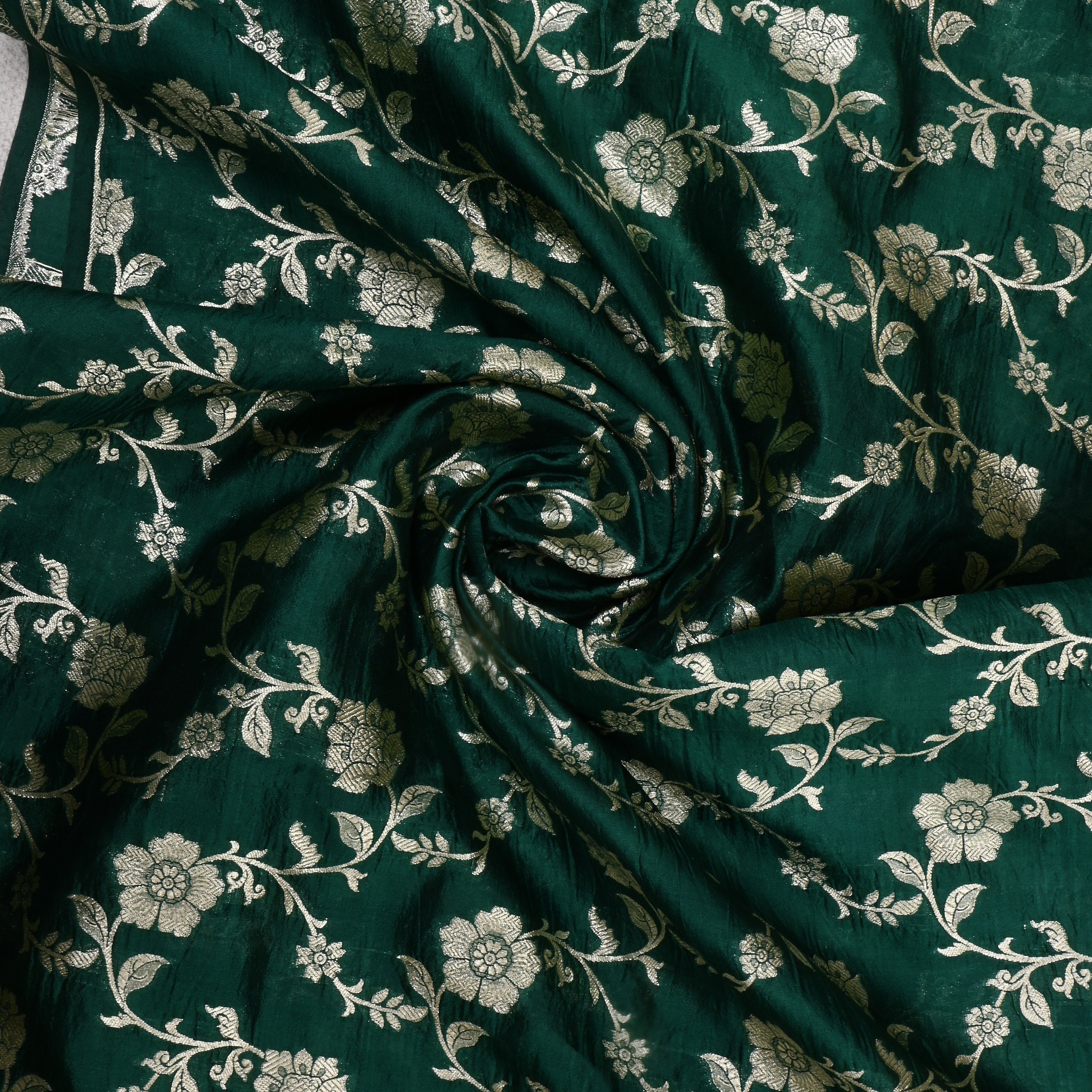 Dark Green Jamawar Silk Fabric With Floral Jaal
