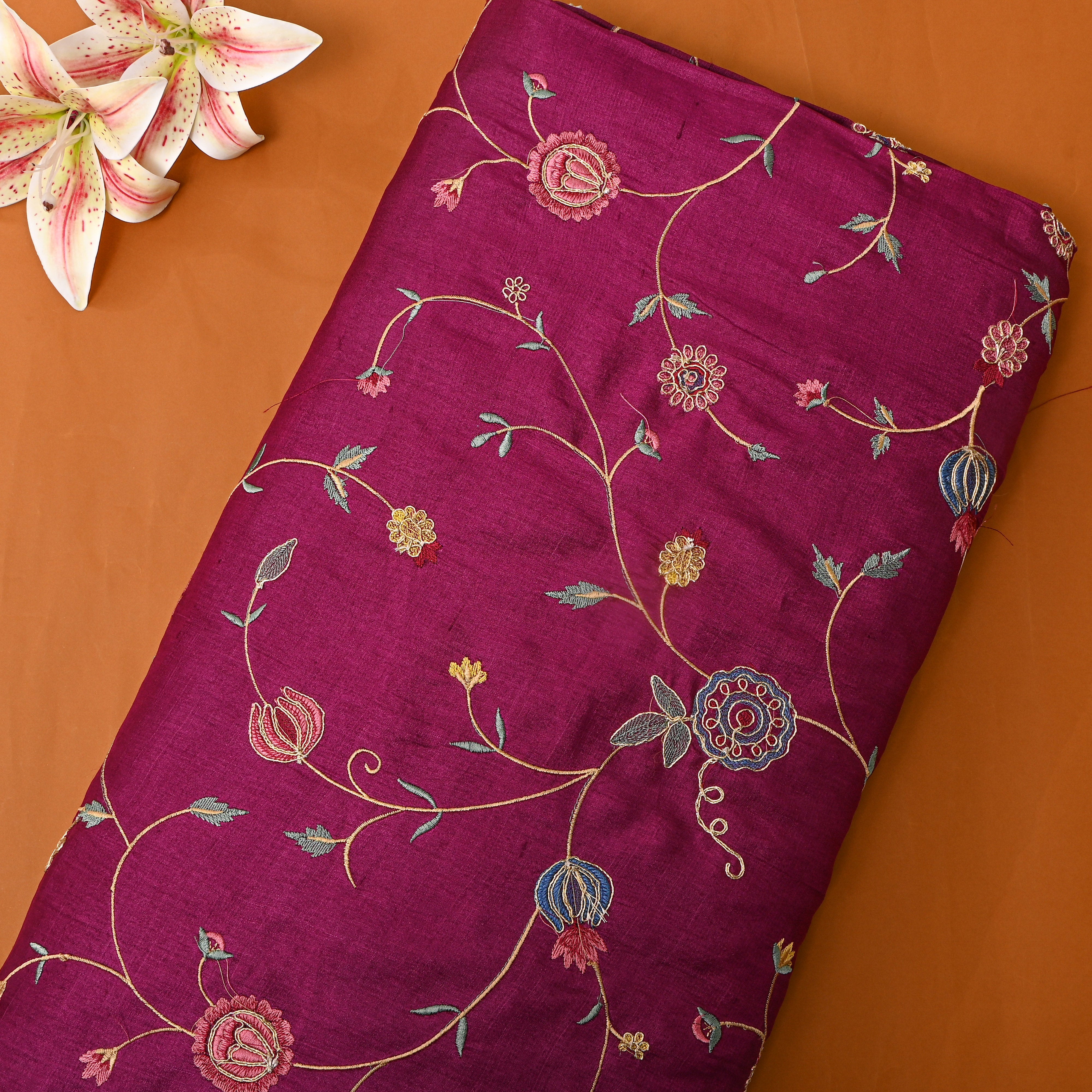 Purple Floral Jaal Thread Work Tussar Silk Fabric