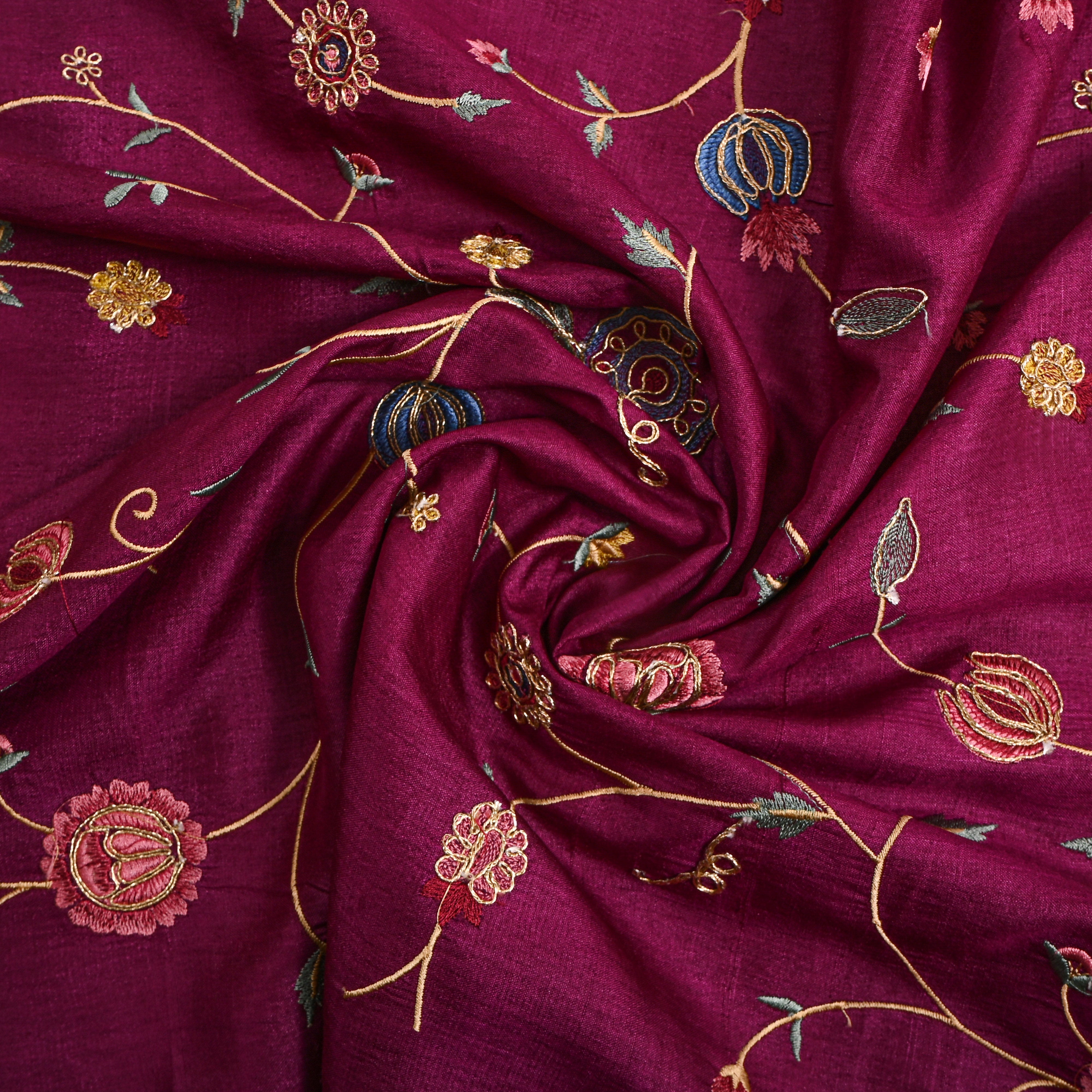 Purple Floral Jaal Thread Work Tussar Silk Fabric