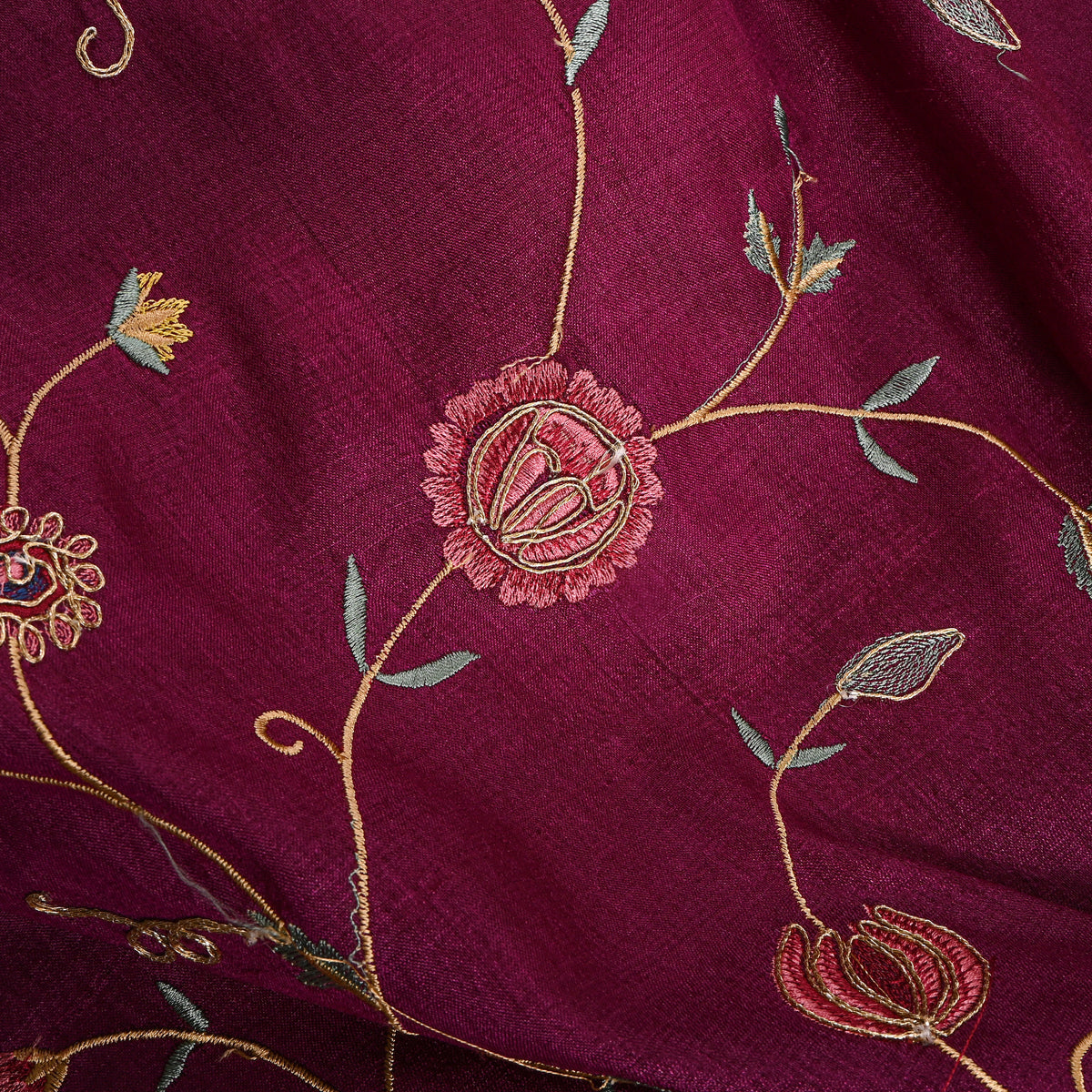 Purple Floral Jaal Thread Work Tussar Silk Fabric