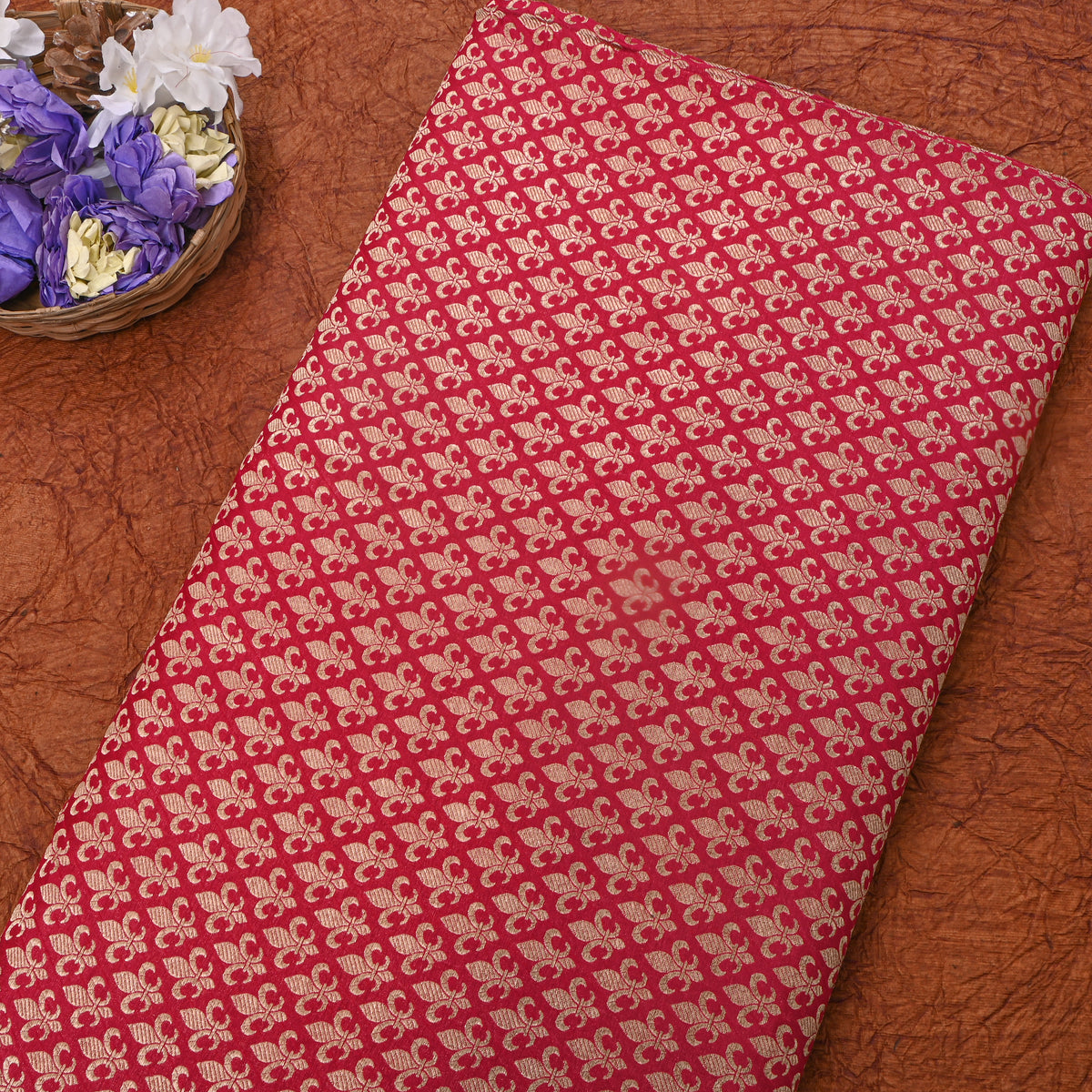 Cherry Red Gold Zari Butti Jamawar Silk Fabric