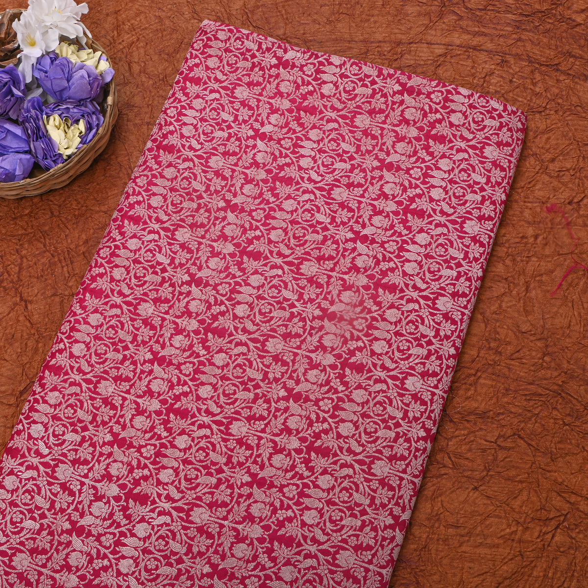 Rani Pink Jamawar Silk Fabric With Gold Zari Brocade Weave