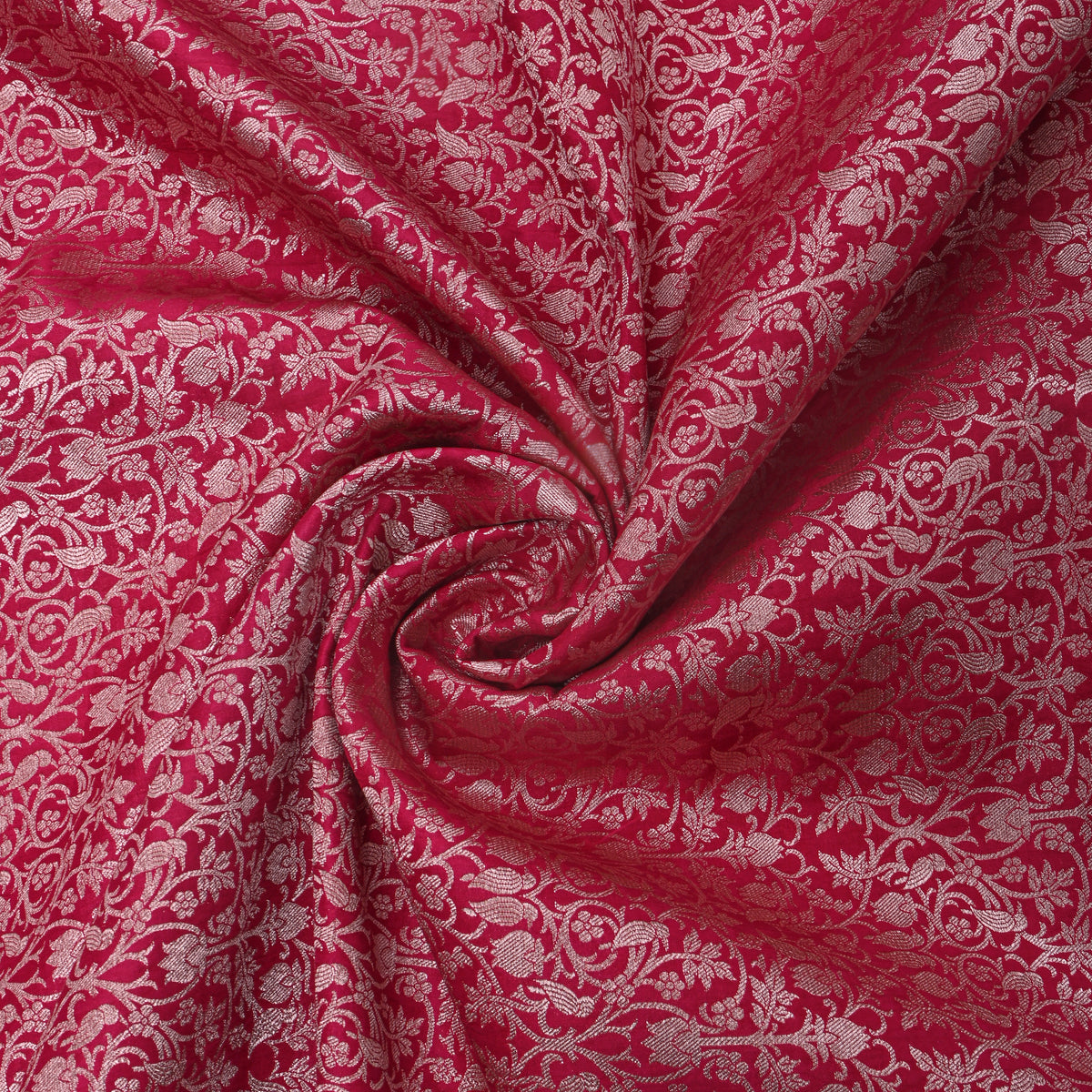 Rani Pink Jamawar Silk Fabric With Gold Zari Brocade Weave