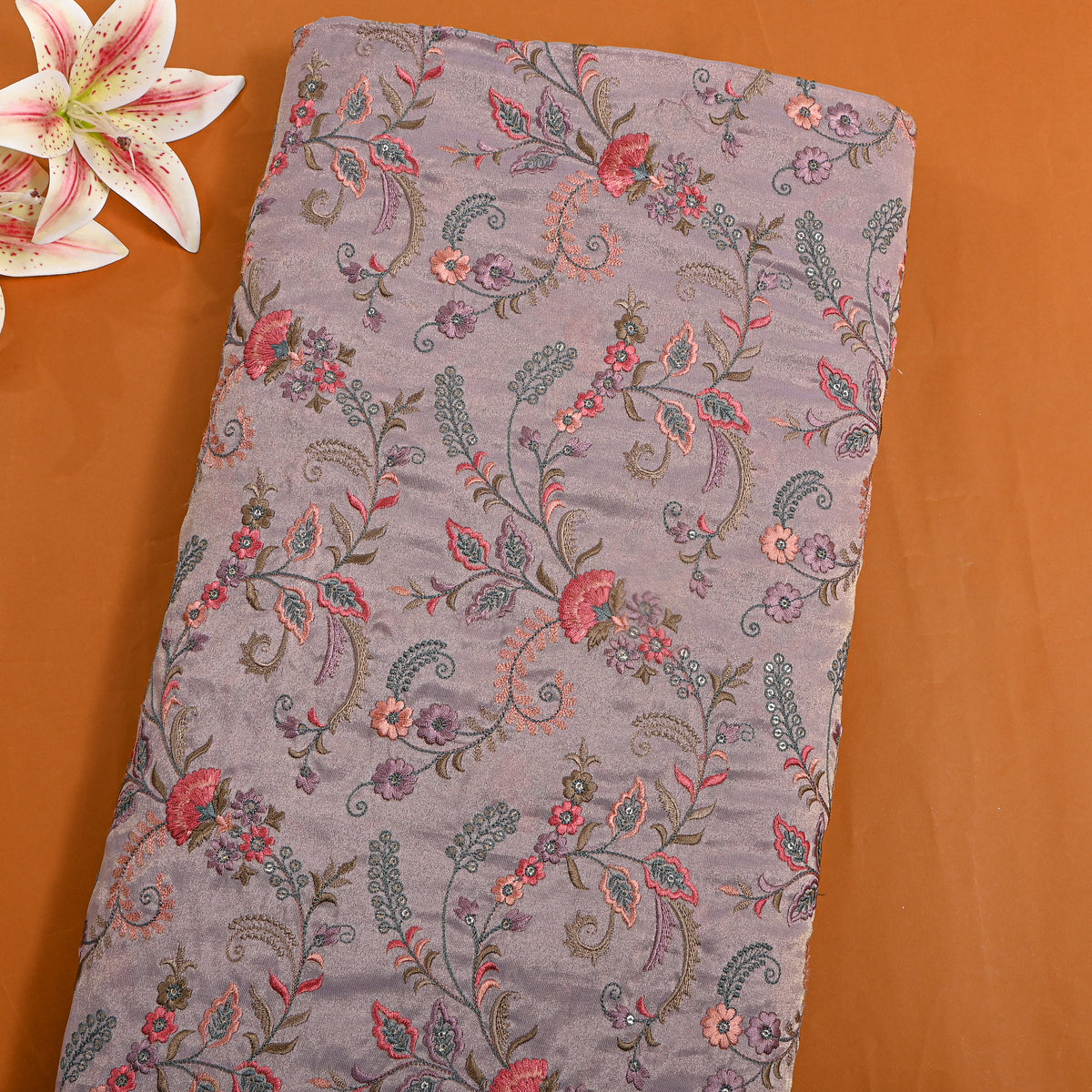Soft Purple Floral Jaal Embroidery Tissue Fabric