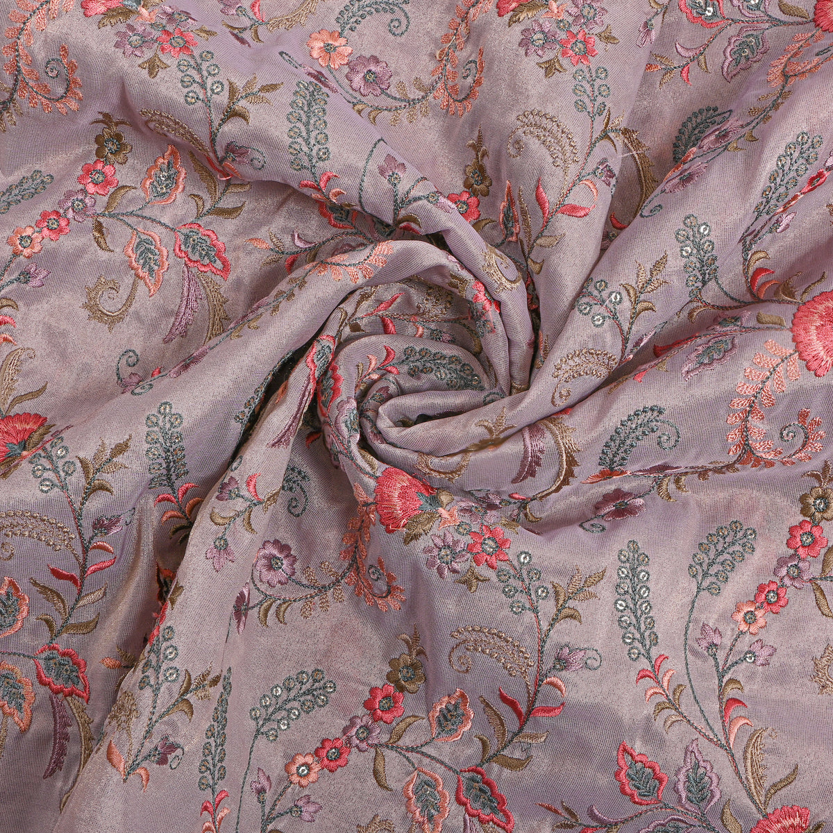 Soft Purple Floral Jaal Embroidery Tissue Fabric