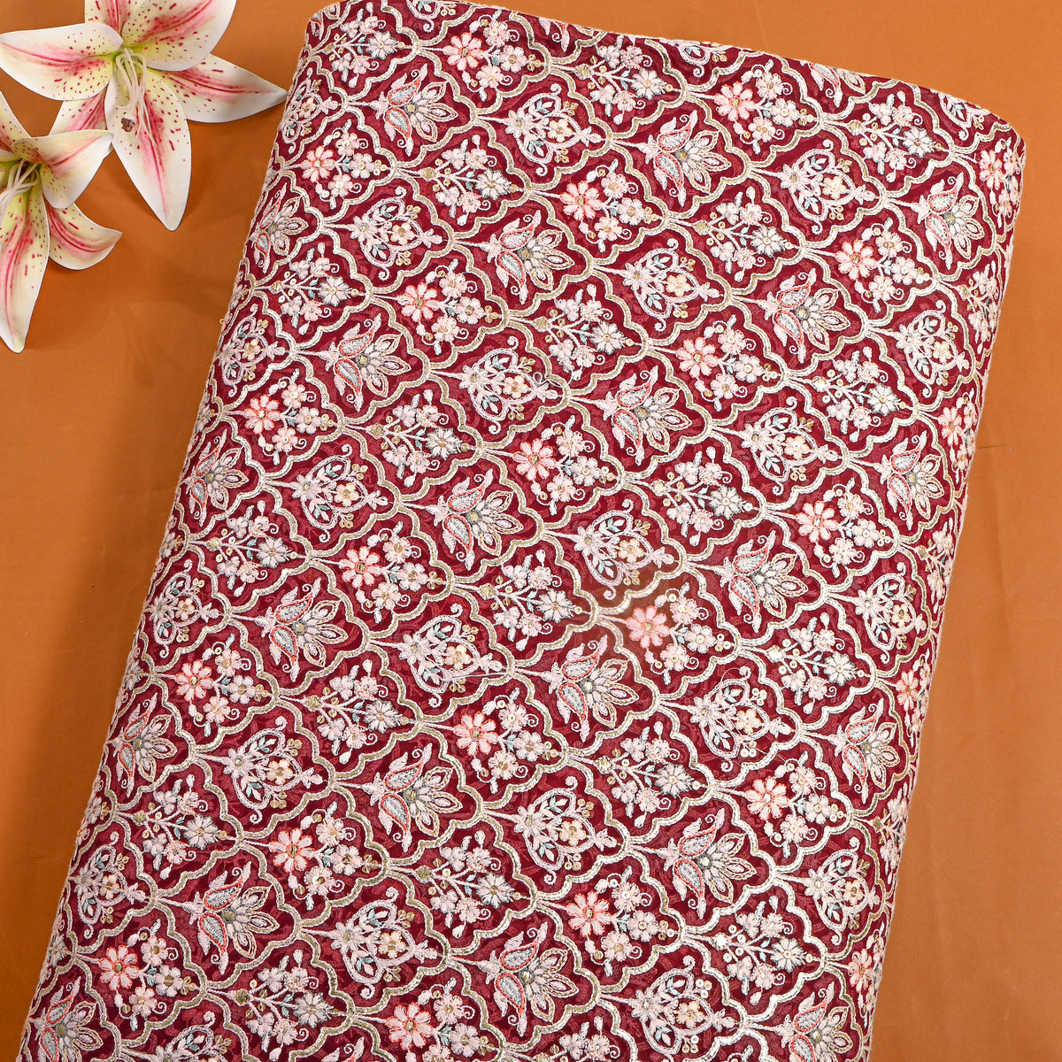 Red Multicolour Geometric Thread Work Georgette Fabric