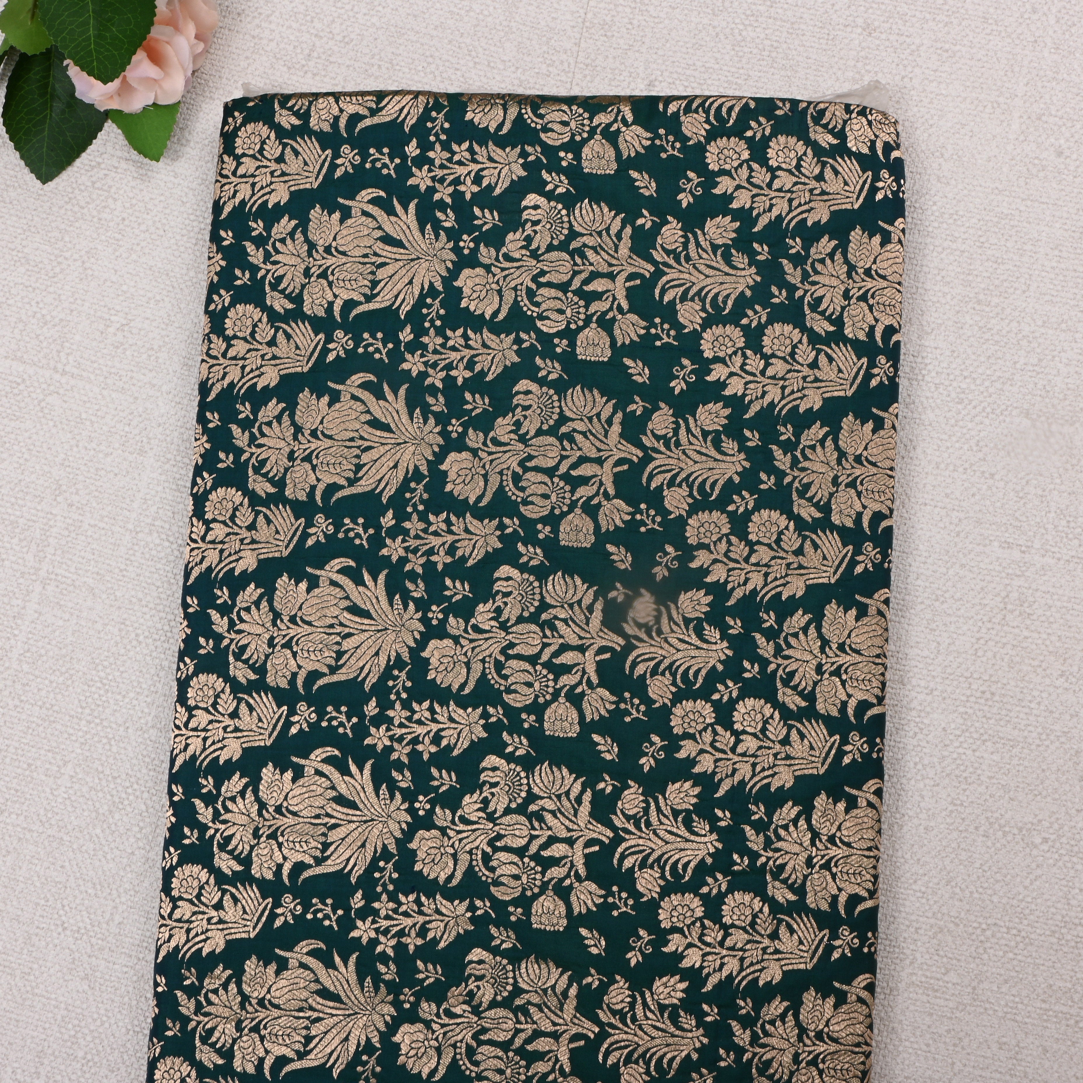 Gable Green Jamawar Silk Fabric With Floral Design
