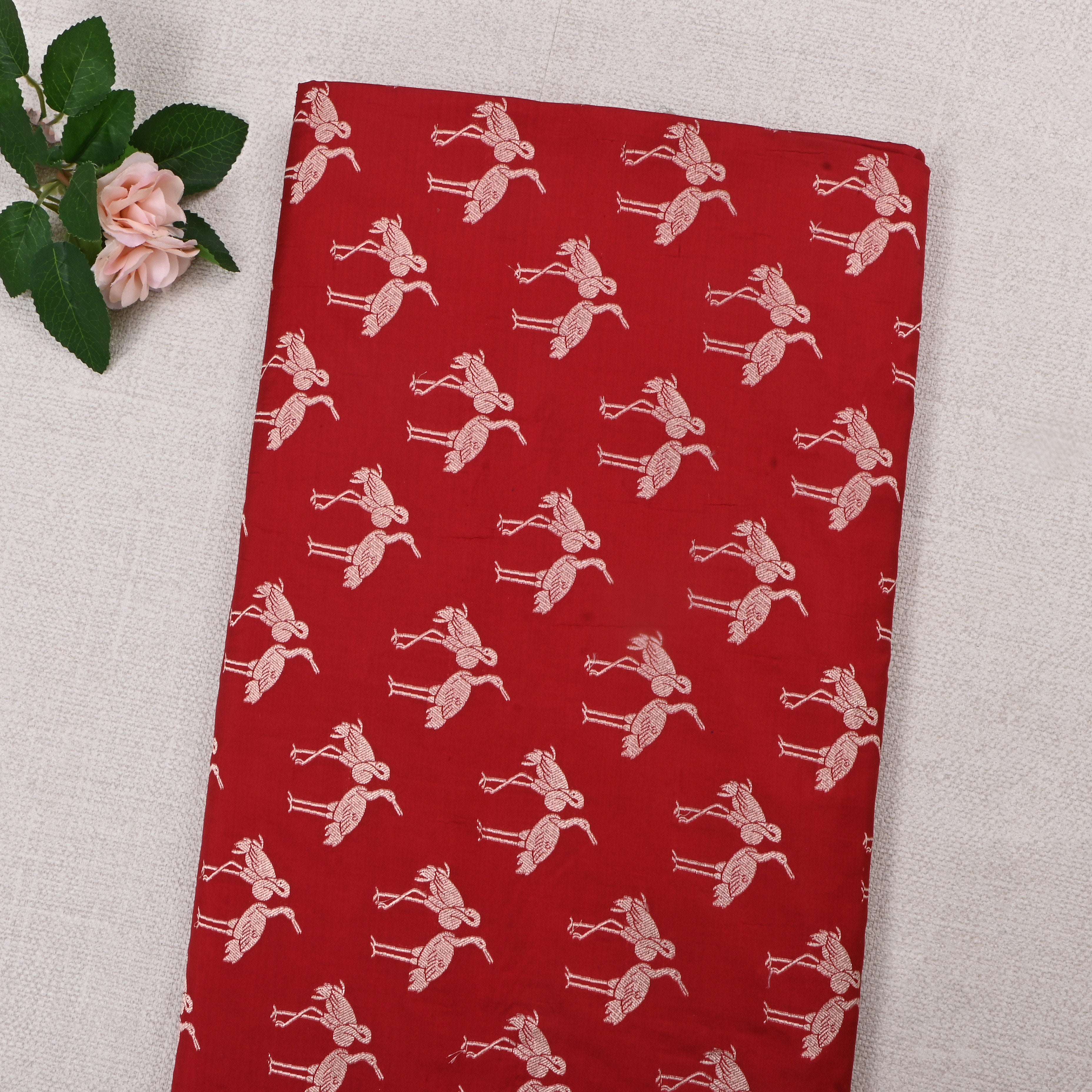 Red Devil Jamawar Silk Fabric With Swan Design