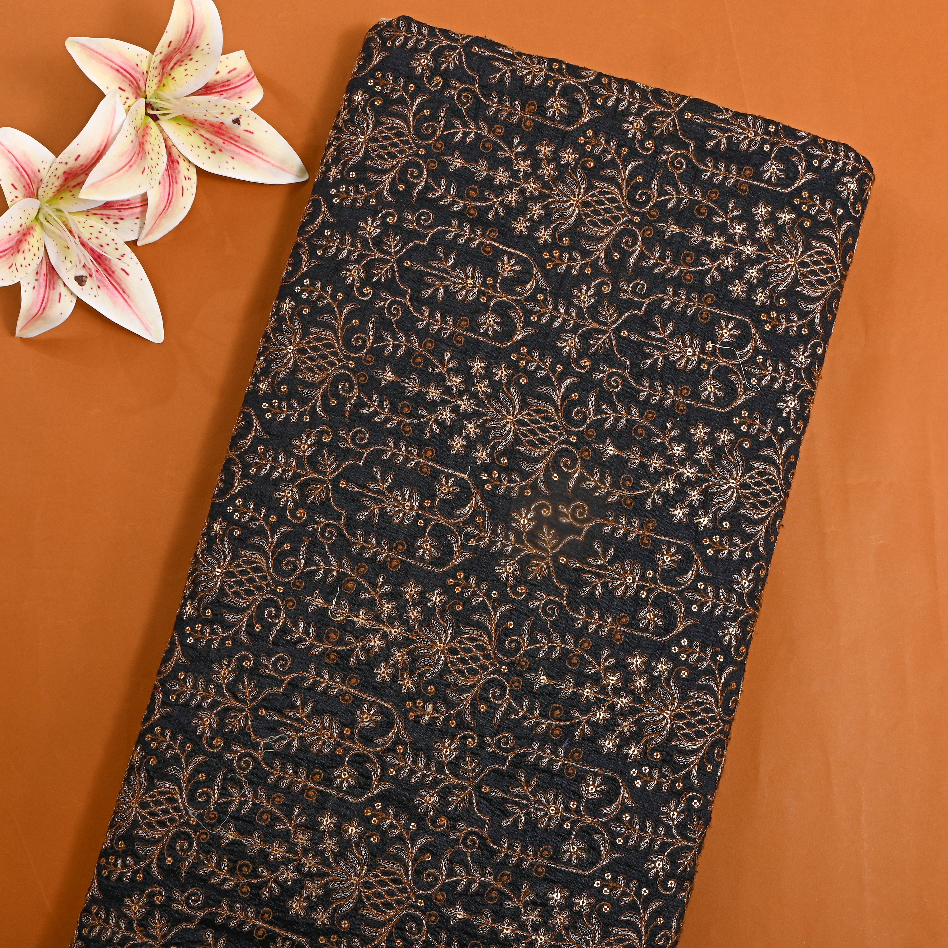 Black Silver Zari Geometric Embroidered Raw Silk