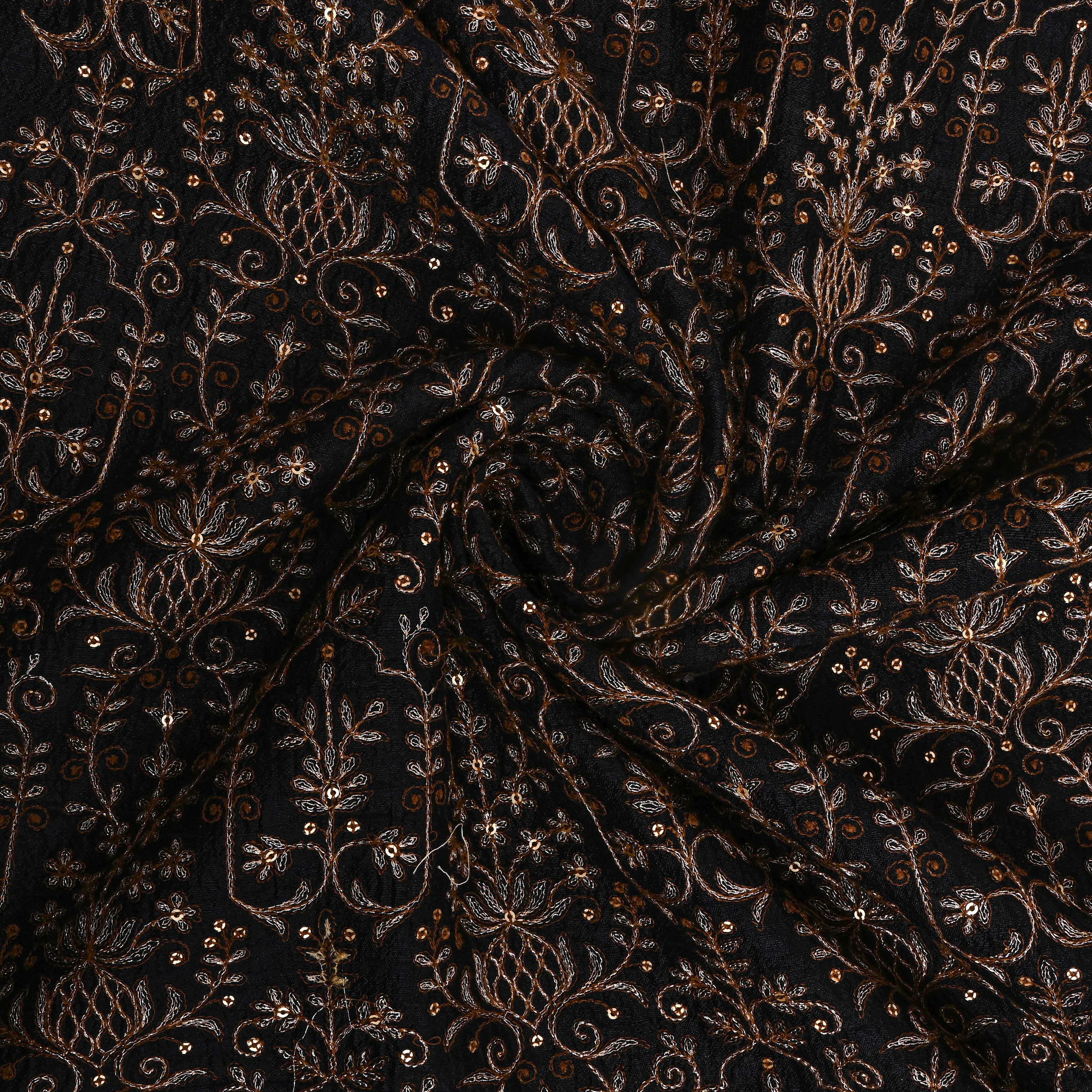 Black Silver Zari Geometric Embroidered Raw Silk