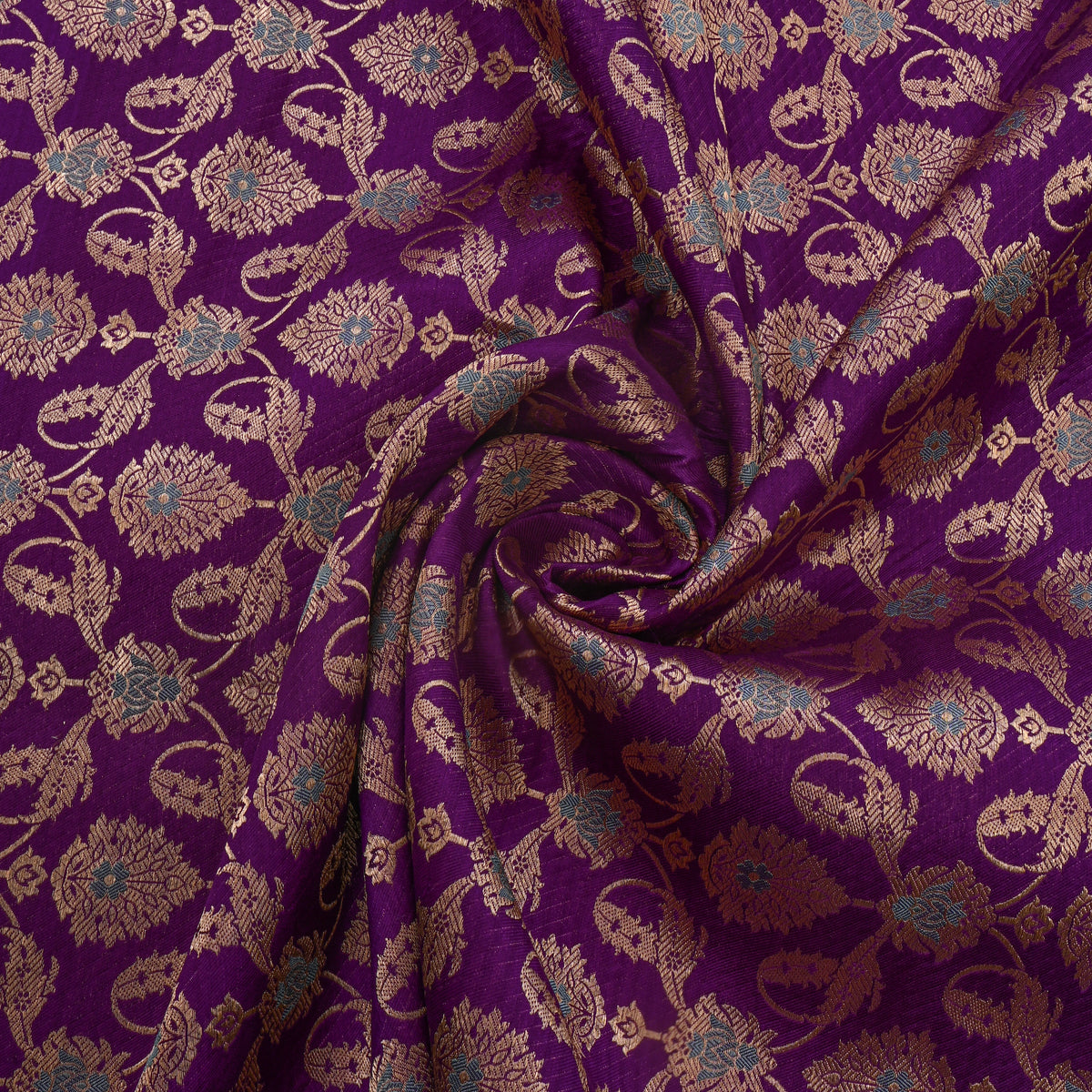 Purple Gold Zari Floral Jaal Jamawar Silk Fabric