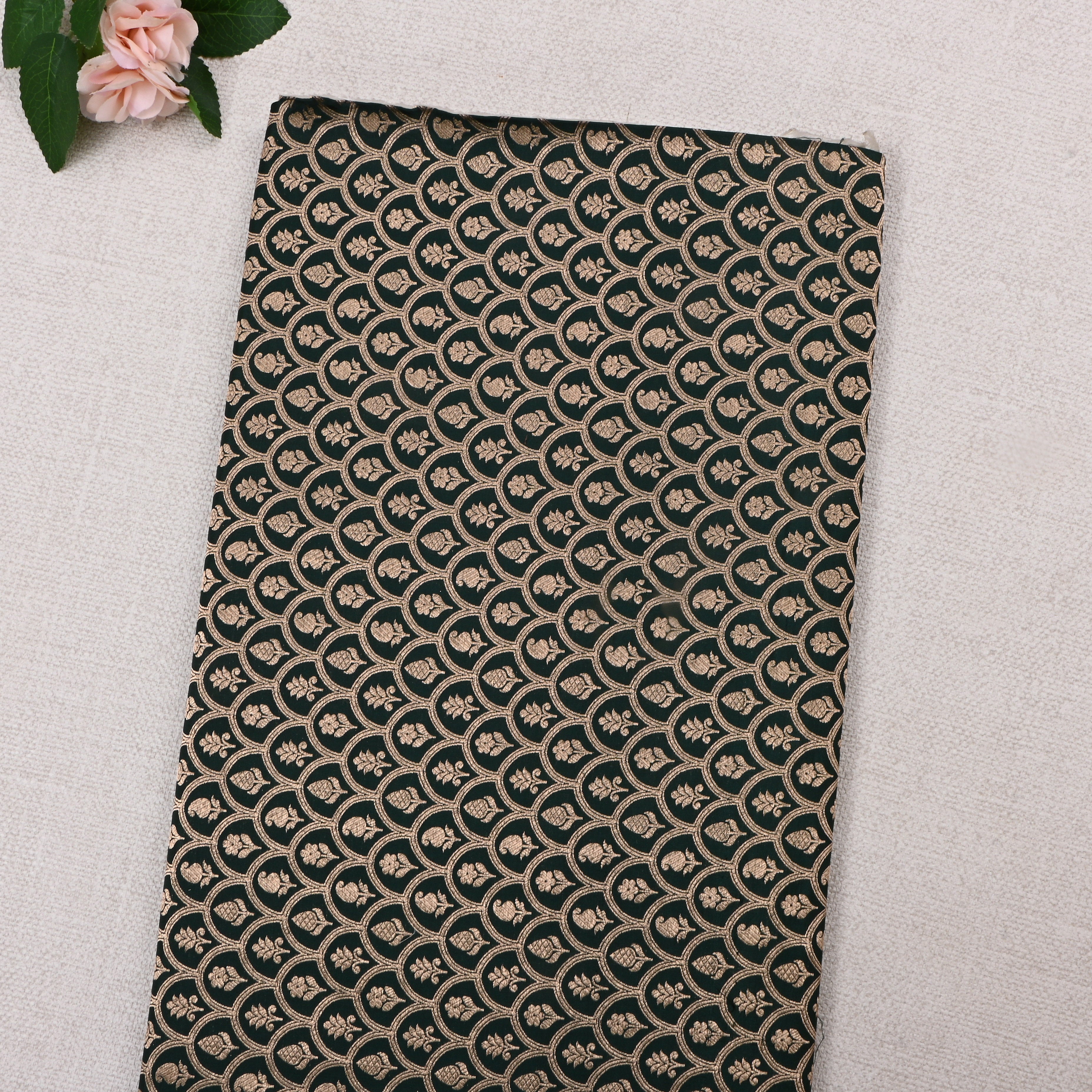 Bottle Green Jamawar Silk Fabric With Scallop Design