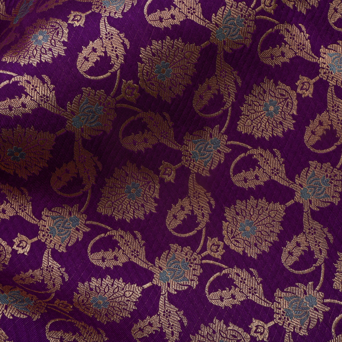 Purple Gold Zari Floral Jaal Jamawar Silk Fabric