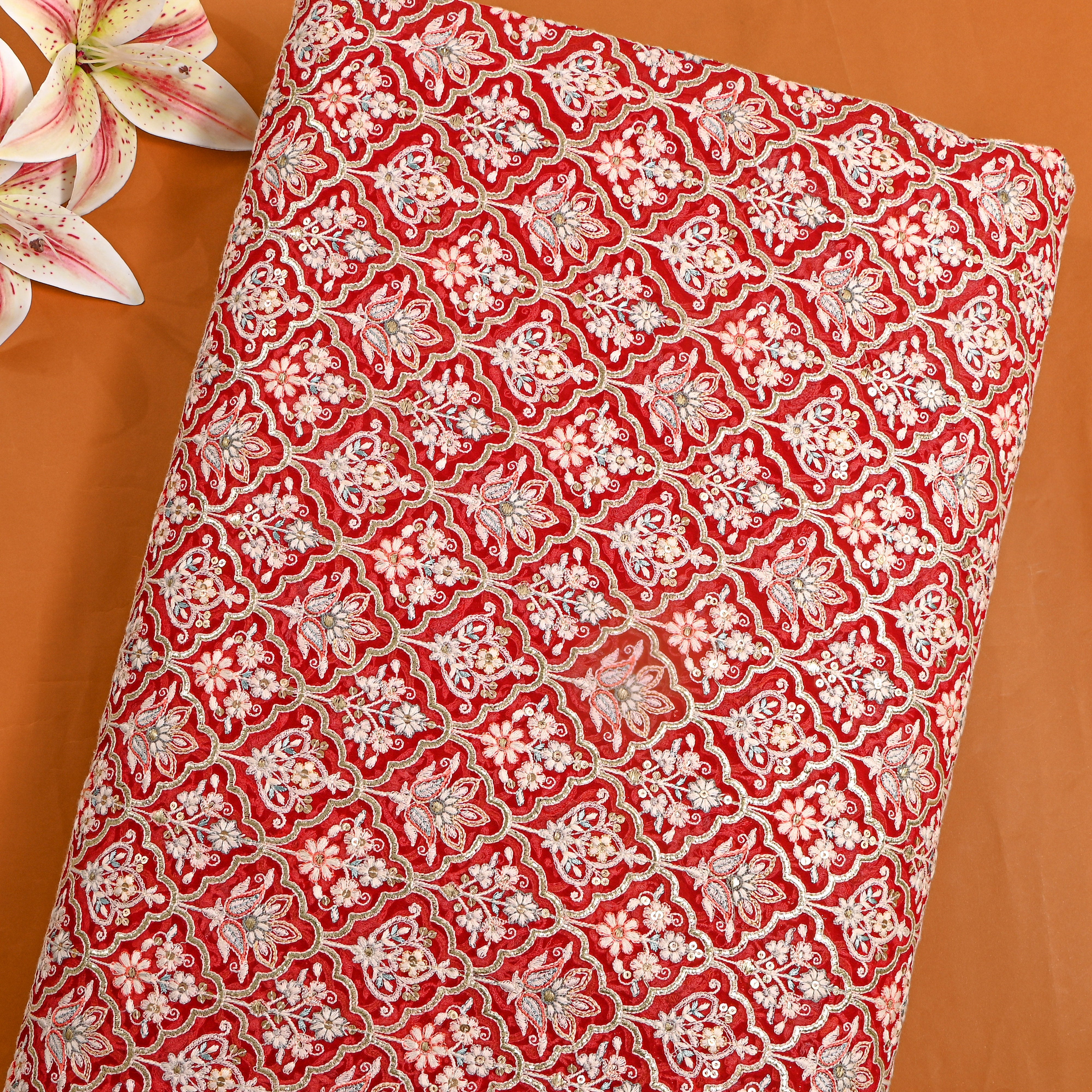 Red Multicolour Thread Work Georgette Fabric