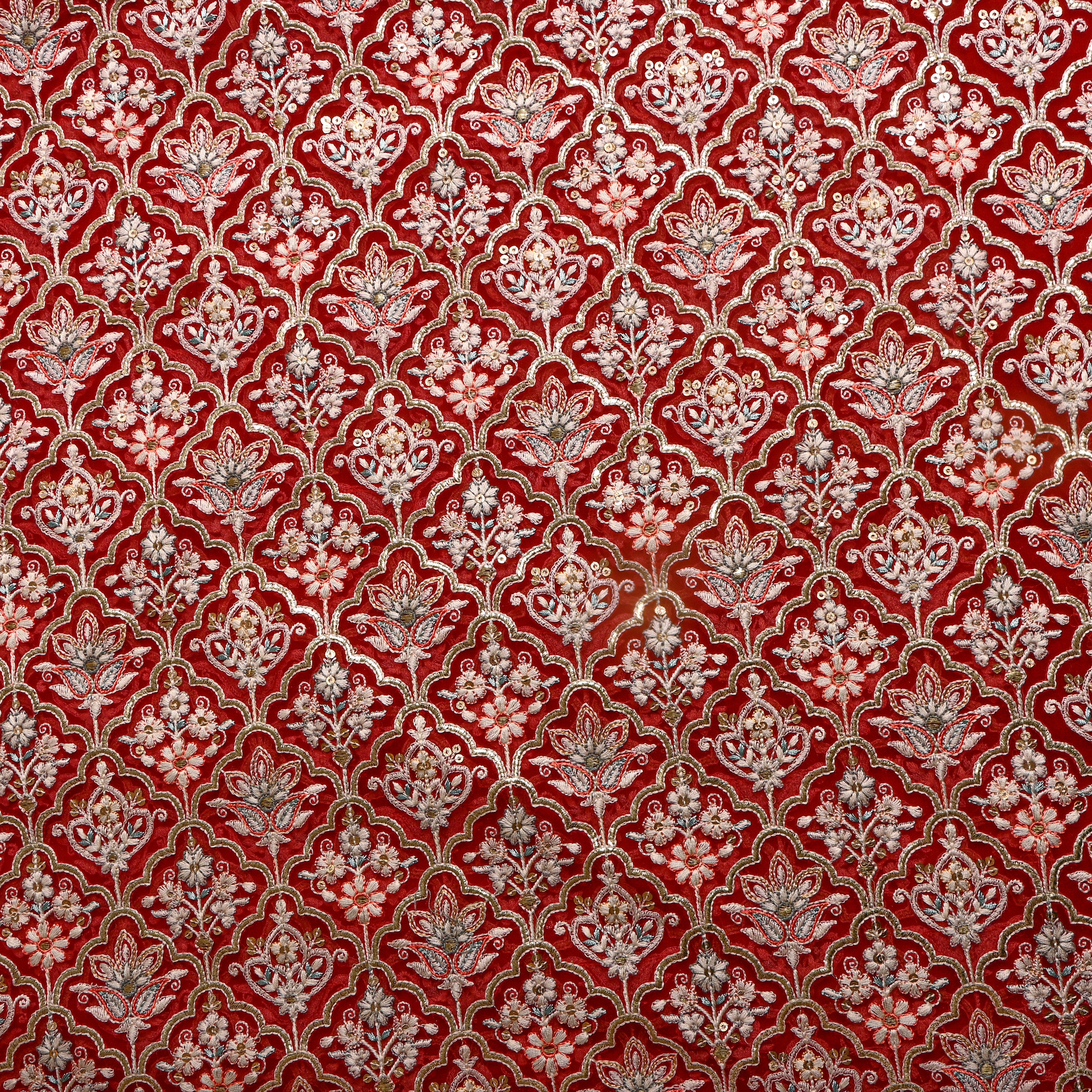 Red Multicolour Thread Work Georgette Fabric