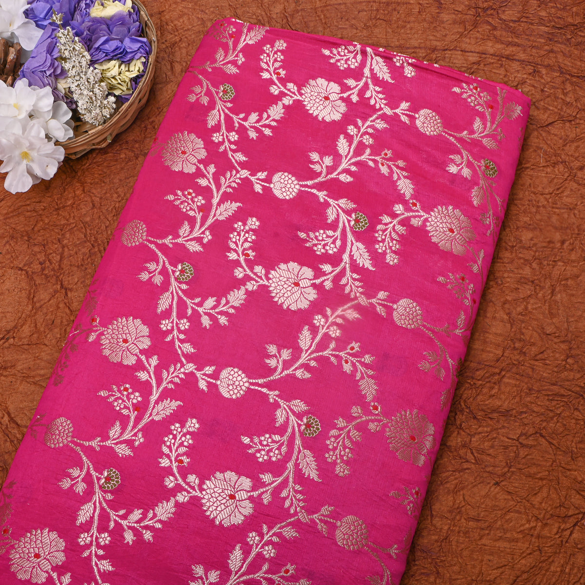 Rani Pink Self Weave Floral Jall Banarasi Silk Fabric
