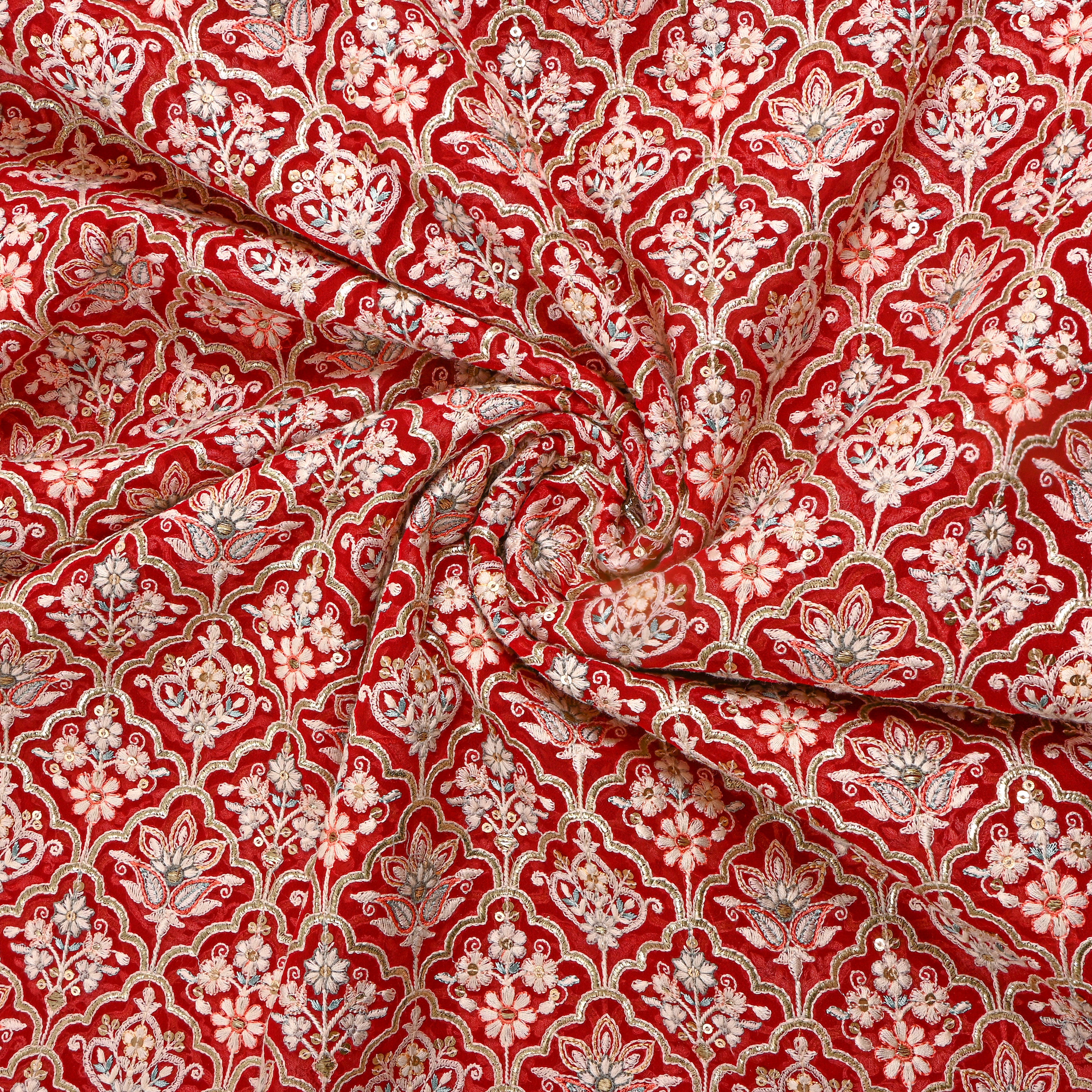 Red Multicolour Thread Work Georgette Fabric