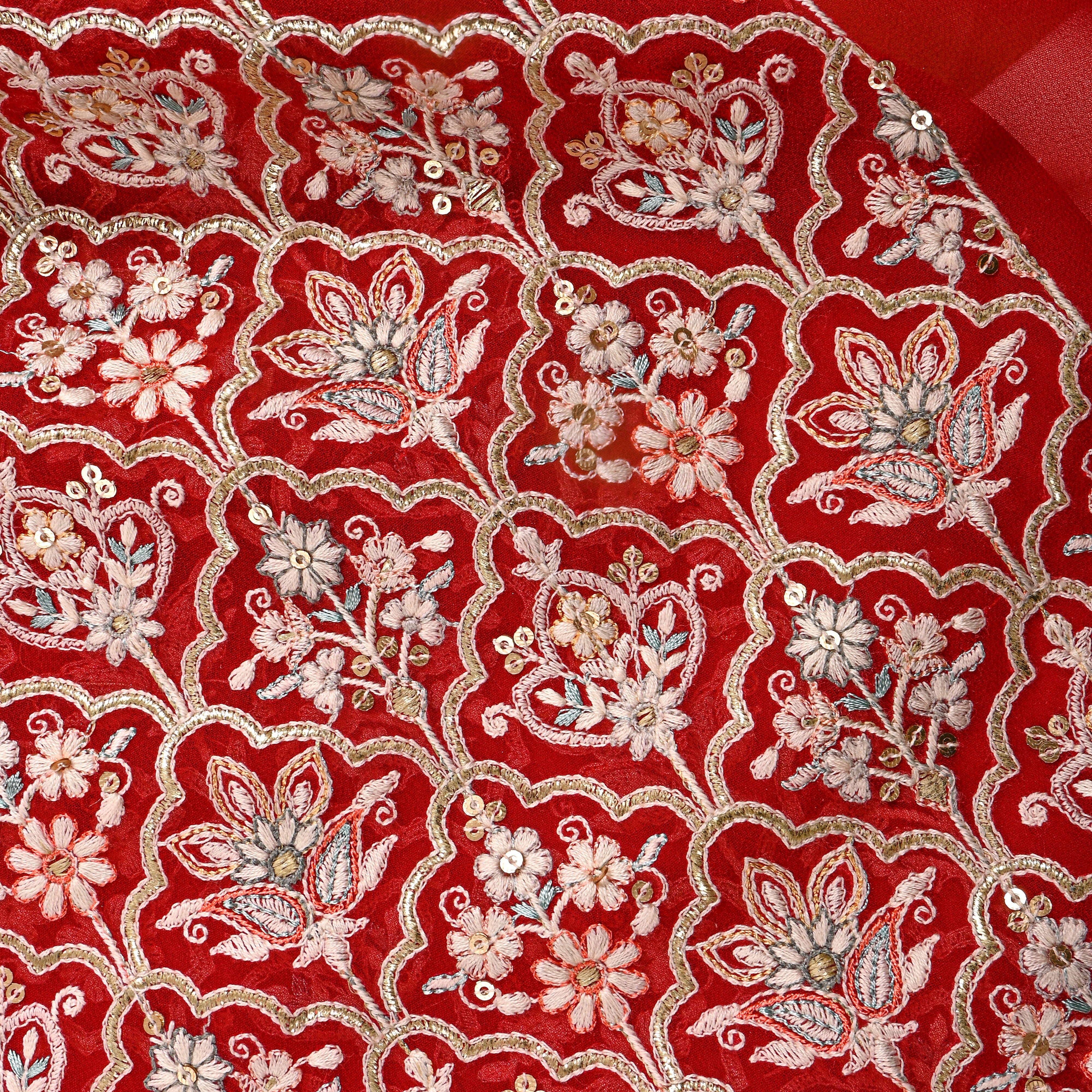 Red Multicolour Thread Work Georgette Fabric