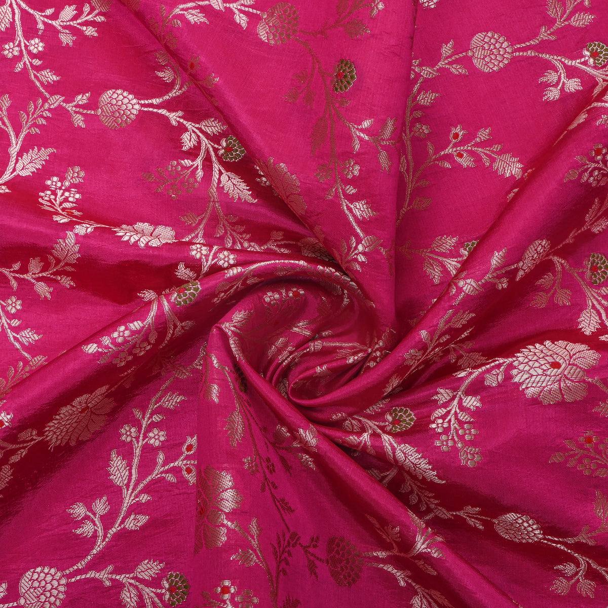 Rani Pink Self Weave Floral Jall Banarasi Silk Fabric