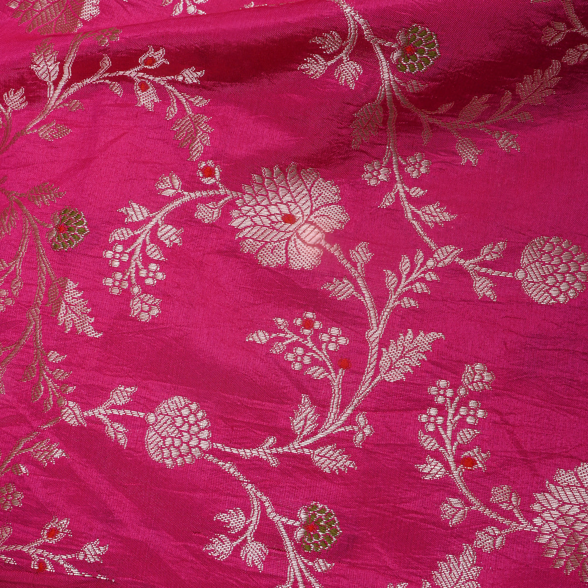 Rani Pink Self Weave Floral Jall Banarasi Silk Fabric