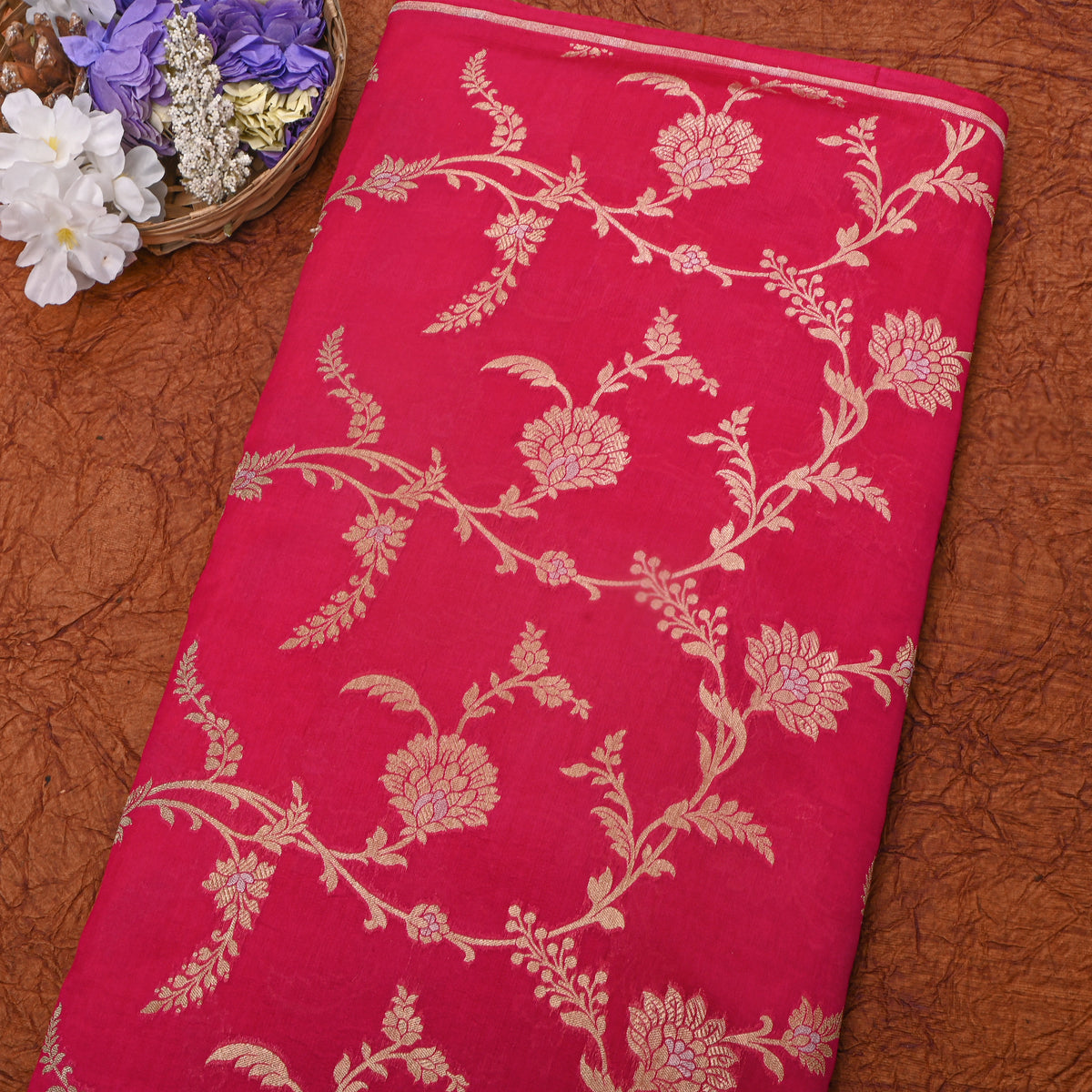 Raspberry Pink Dual Tone Floral Jaal Banarasi Silk Fabric
