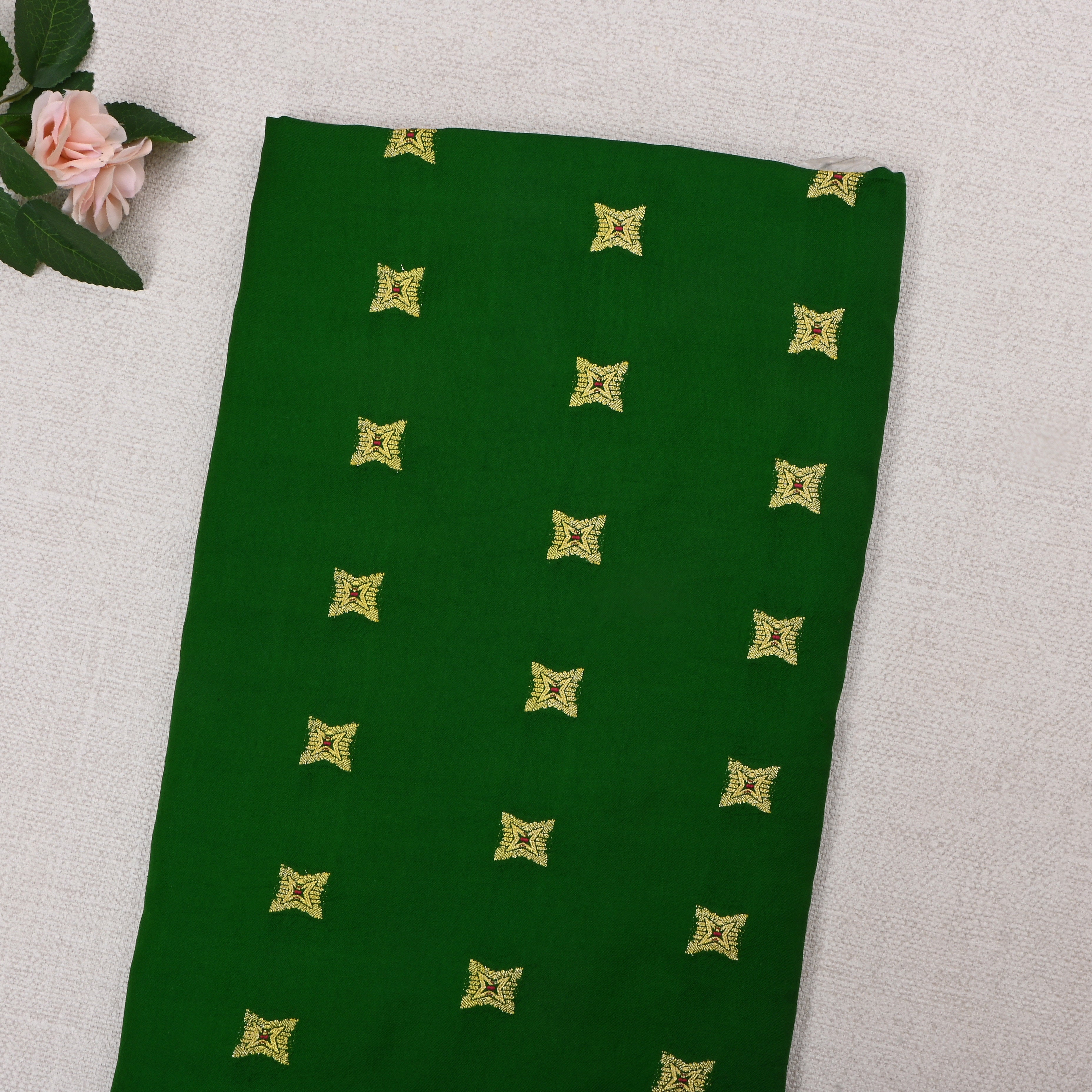 Bottle Green Jamawar Silk Fabric With Star Figures