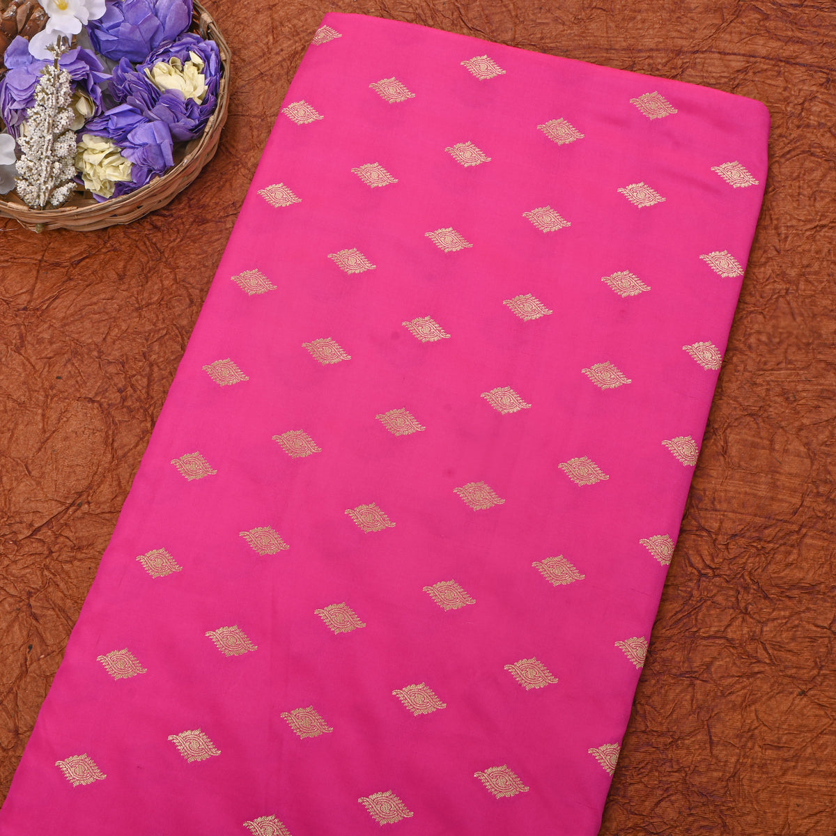 Rani Pink Gold Butti Self Weave Banarasi Silk Fabric