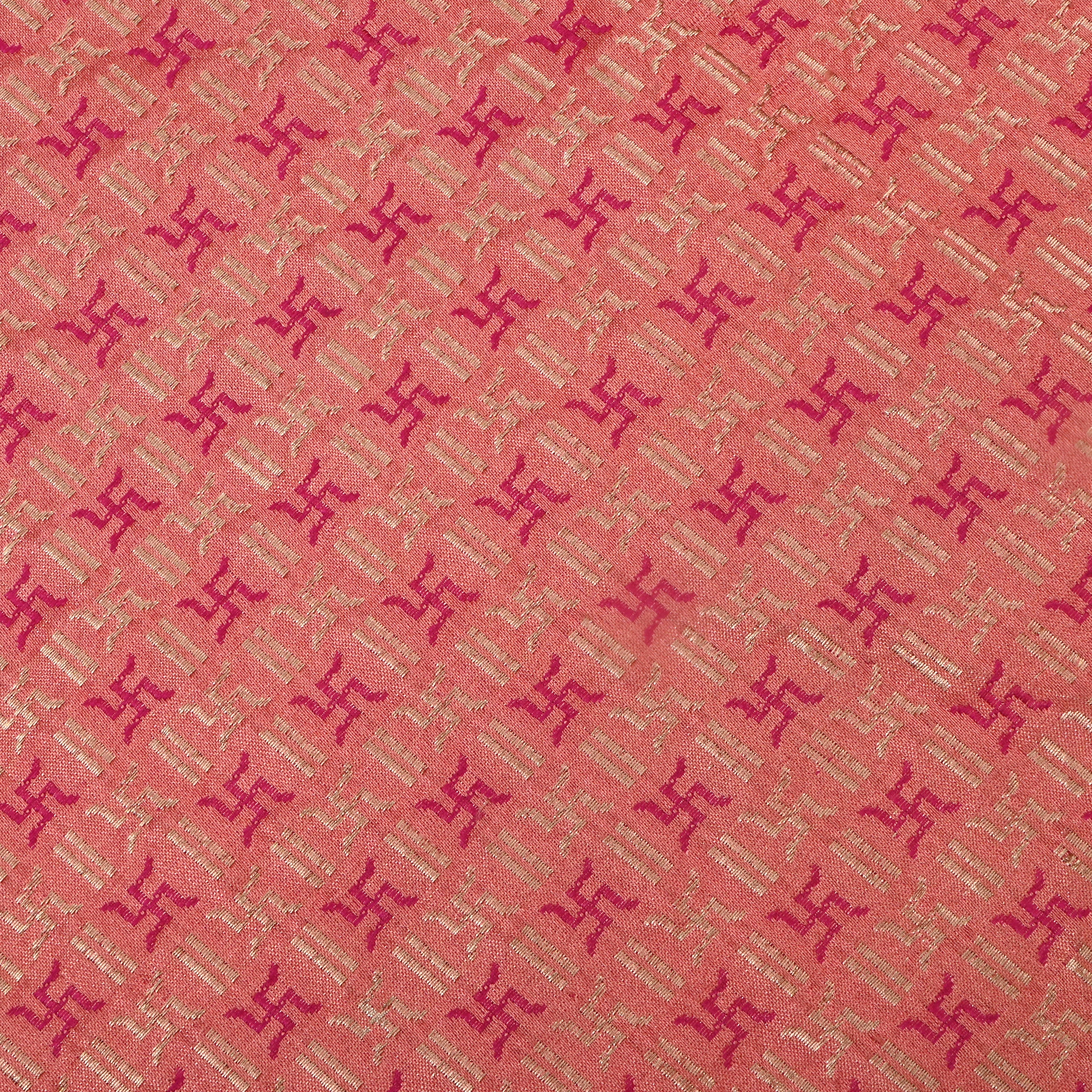 Peach Jamawar Satin Fabric With Swastika Symbols
