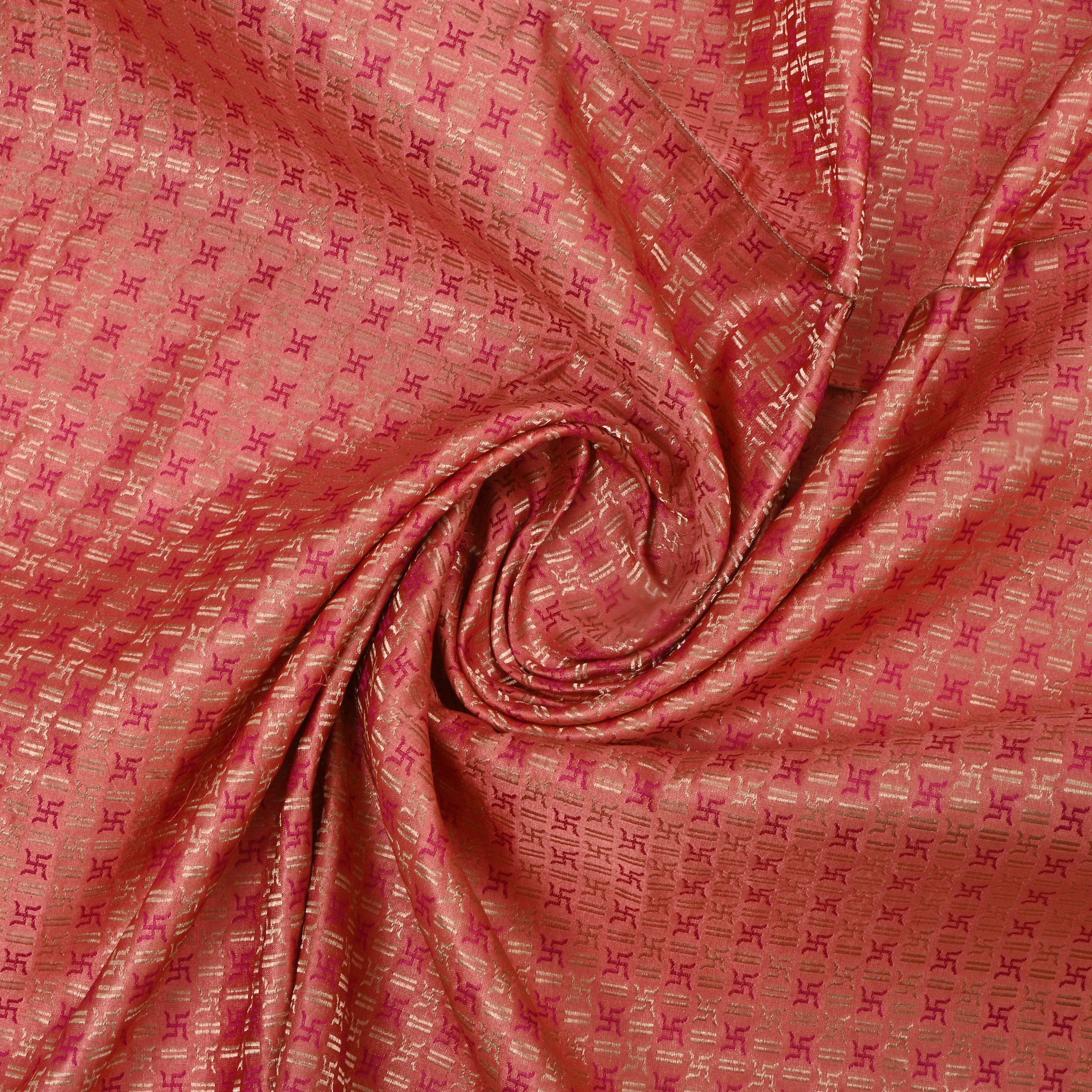 Peach Jamawar Satin Fabric With Swastika Symbols