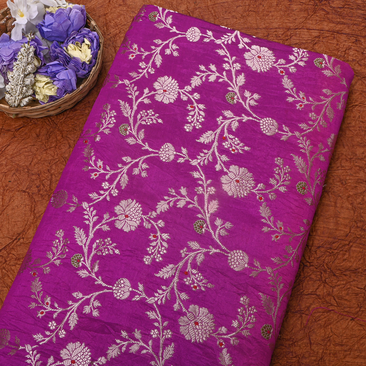 Royal Purple Self Weave Floral Jall Banarasi Silk Fabric