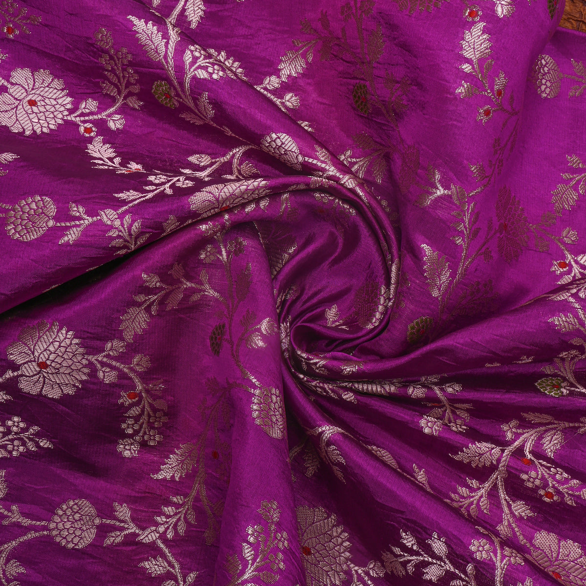 Royal Purple Self Weave Floral Jall Banarasi Silk Fabric